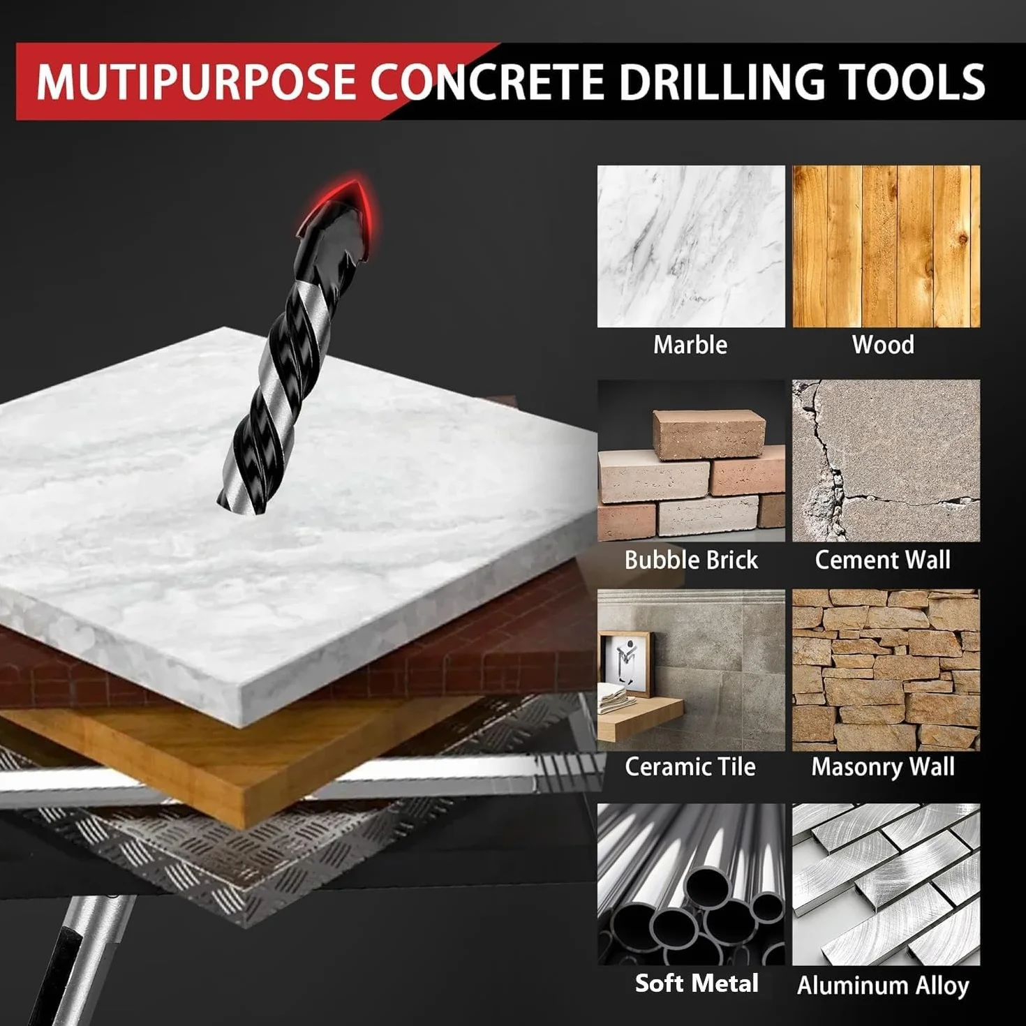 Set di 8 pezzi Punte per Trapano Multifunzionali 3-12mm per Legno, Metallo, Calcestruzzo