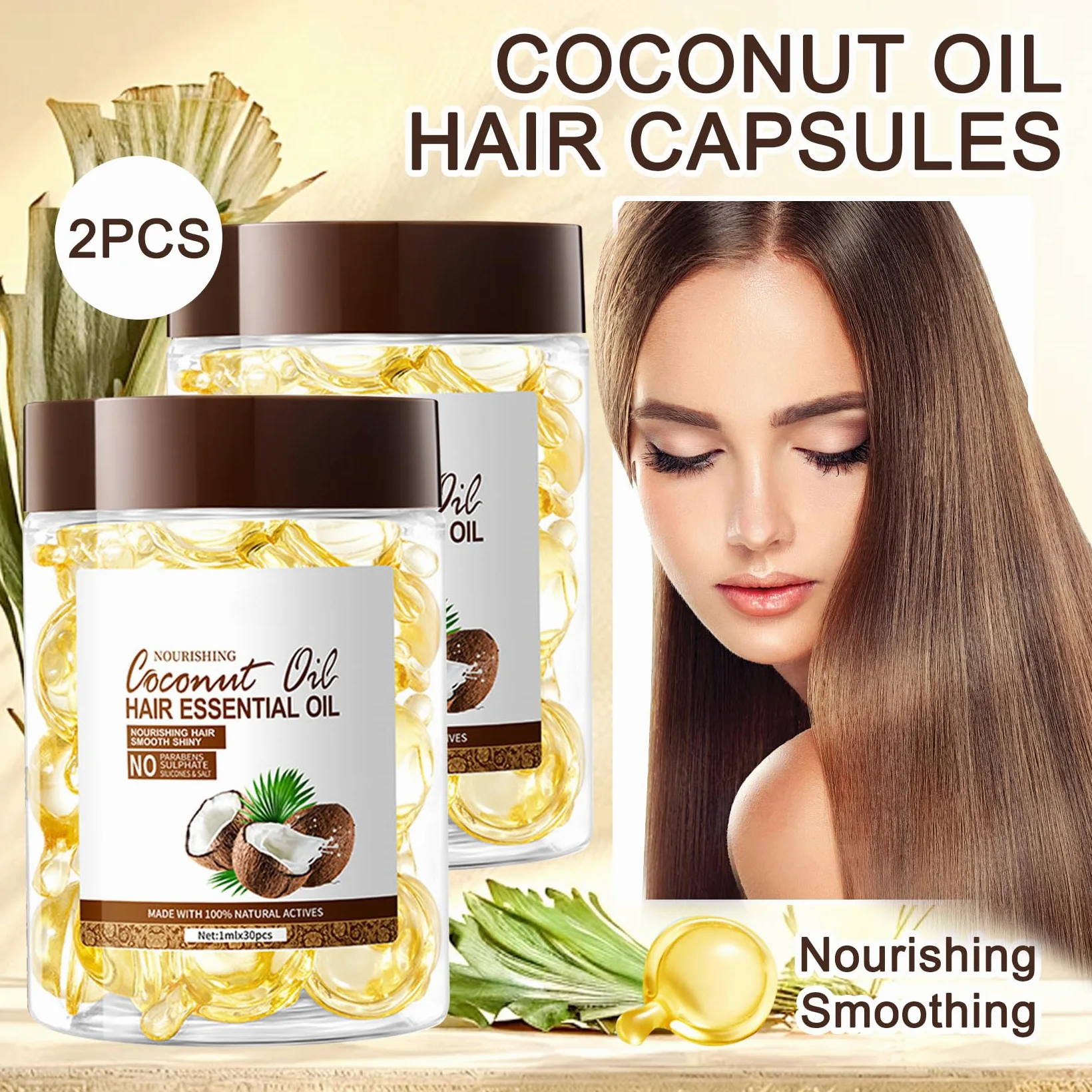 60 capsule di olio di siero per capelli, siero idratante per capelli con crespo, secchi e danneggiati, morbido, non grasso, rinfrescante e nutriente di lunga durata, per donne (acido di cocco)