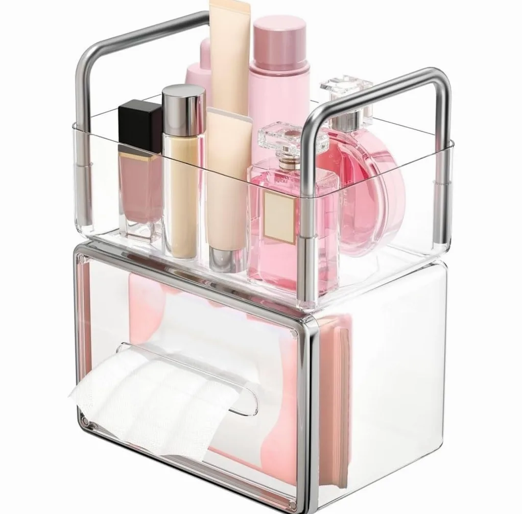 Organizzatore Trucchi Organizer Trucchi Organizer Per Trucchi Impilabile, Organizer Per Cosmetici In Acrilico Trasparente Con Scatola Per Fazzoletti In Plastica Trasparente Per Riporre I Trucchi Porta