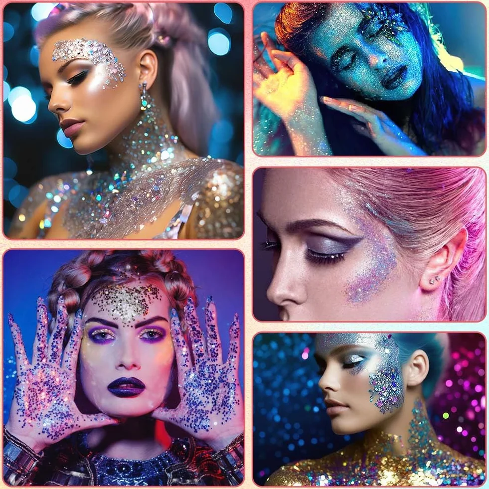 Glitter Corpo Gel, 6 Pezzi Gel Sequins Shimmer, Chunky Glitter Gel Glitter per Corpo, Viso, Capelli, Unghie, Chunky Glitter Decorazione per Musica, Festival, in Maschera(B）