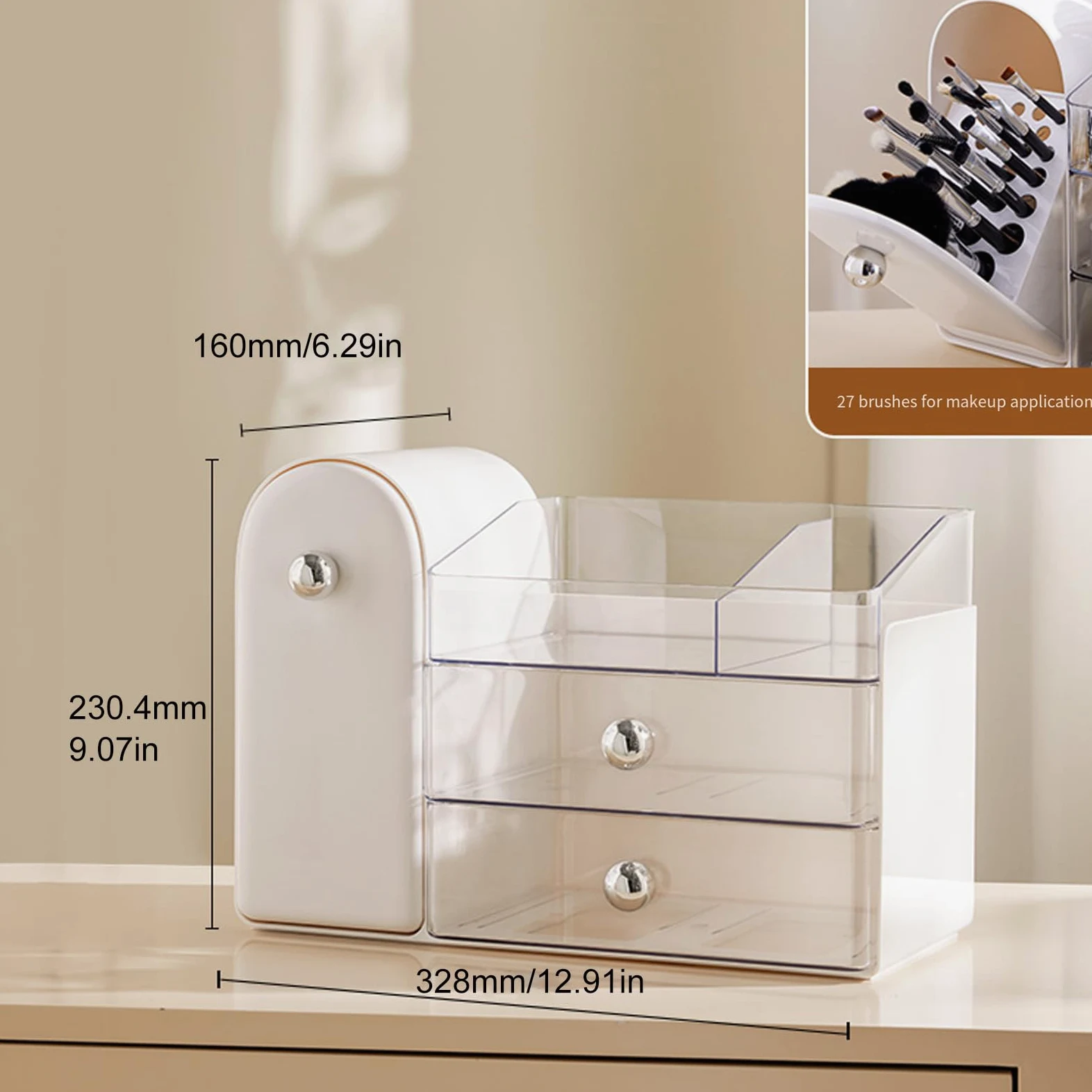 Organizzatori di trucco con vetrina per ombretto, porta pennelli da banco per la cura della pelle per il piano di lavoro del bagno con portaspazzole