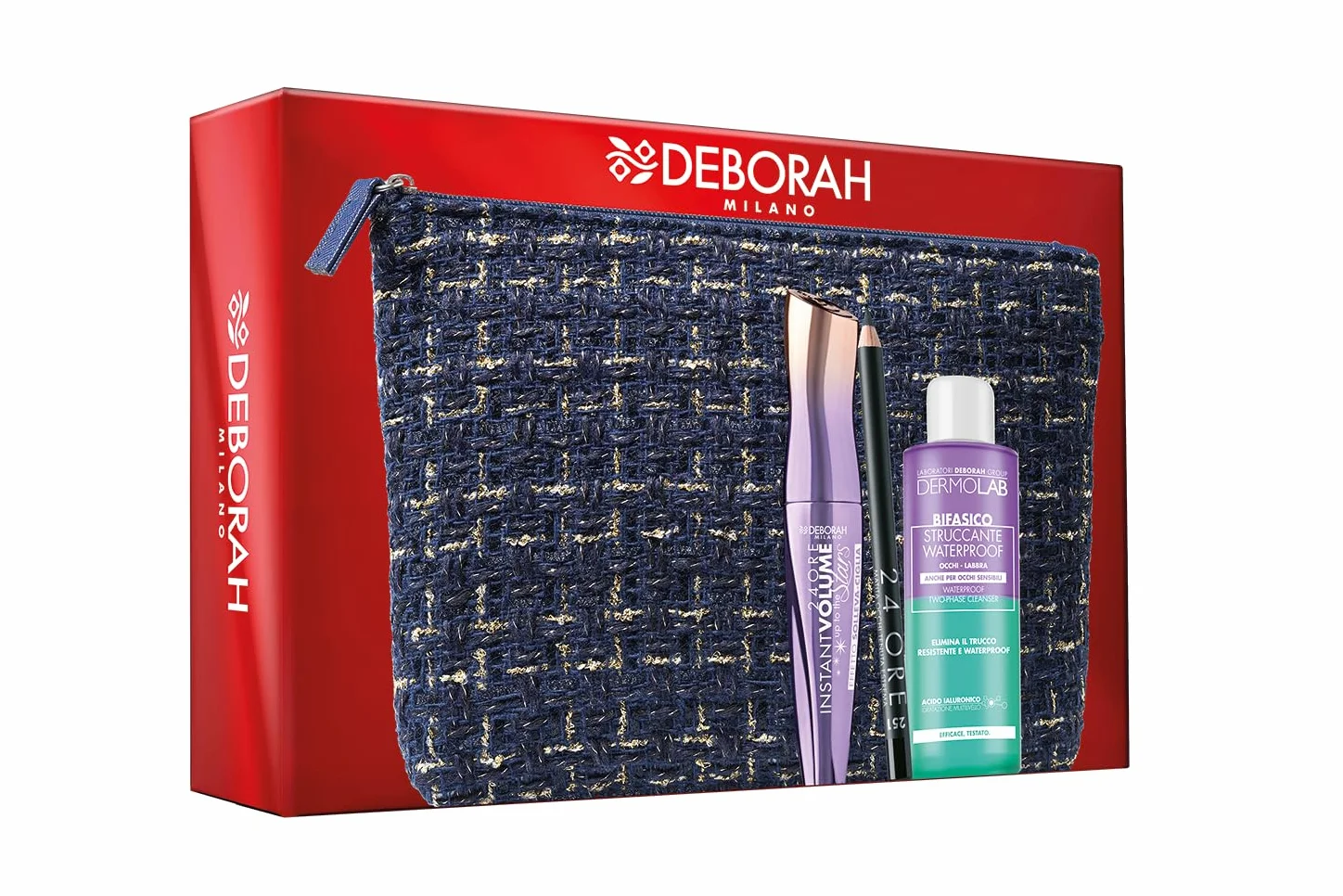 Deborah Milano - Set Regalo Donna Pochette, Include Mascara Instant Up to the Stars, Matita Occhi 24 Ore 251 Black e Struccante Occhi Bifasico Dermolab 50ml