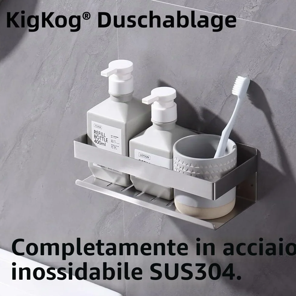 Mensola da Doccia Senza Foratura SUS304 Acciaio Inossidabile Nichel Spazzolato 23CM