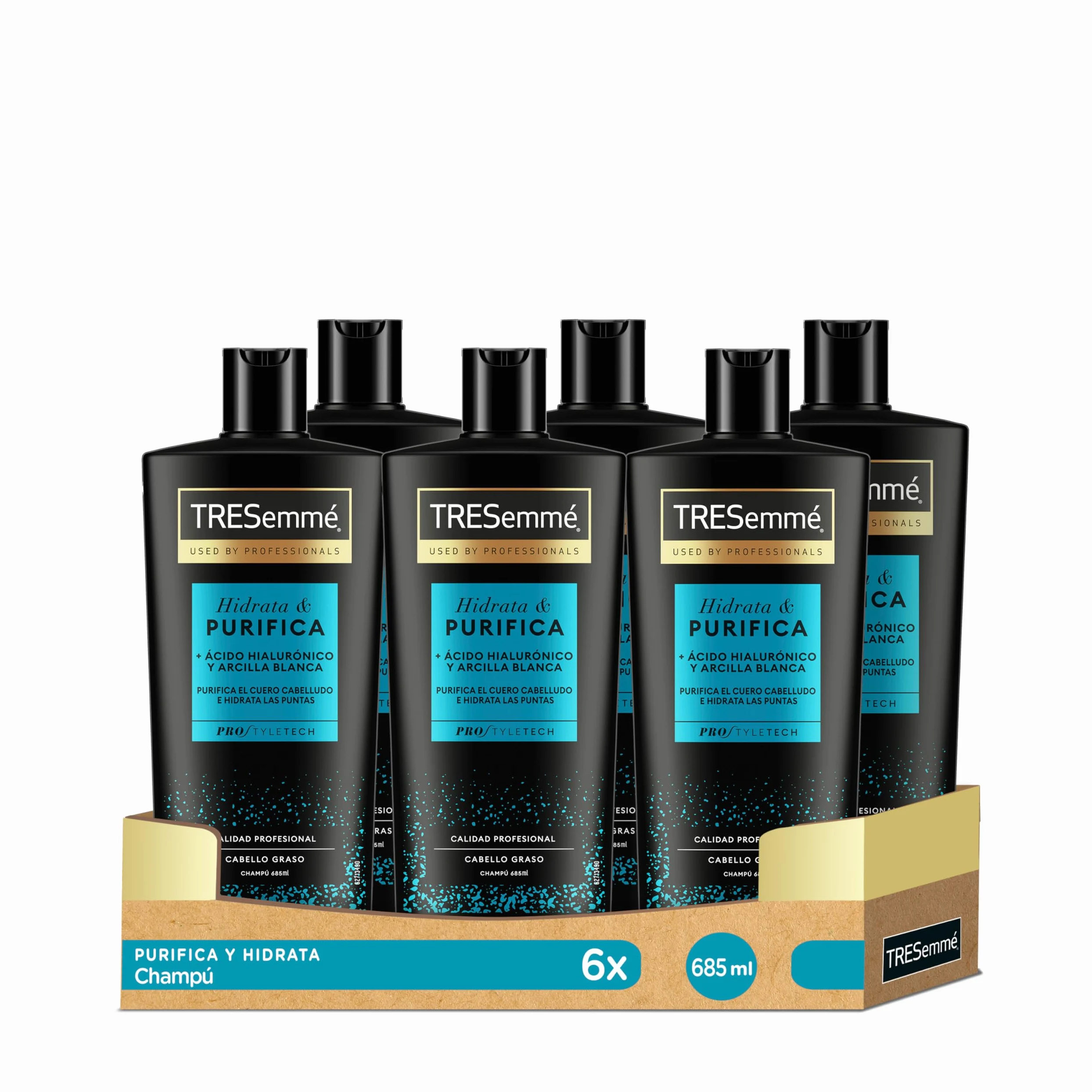 TRESemmé Shampoo idratante & purificante per capelli grassi con acido ialuronico e argilla bianca, pulisce e idrata - confezione da 6 x 685 ml