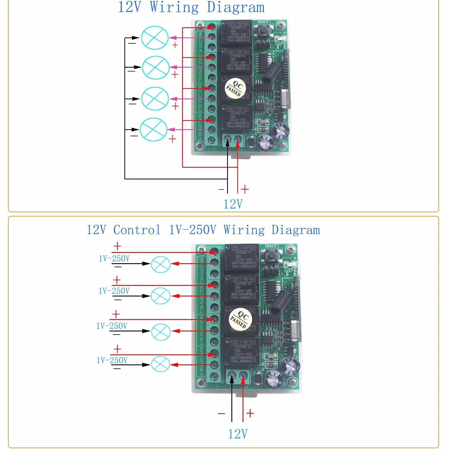 Interruttore wireless 433 MHz DC 12V 4 canali telecomando apertura porta garage