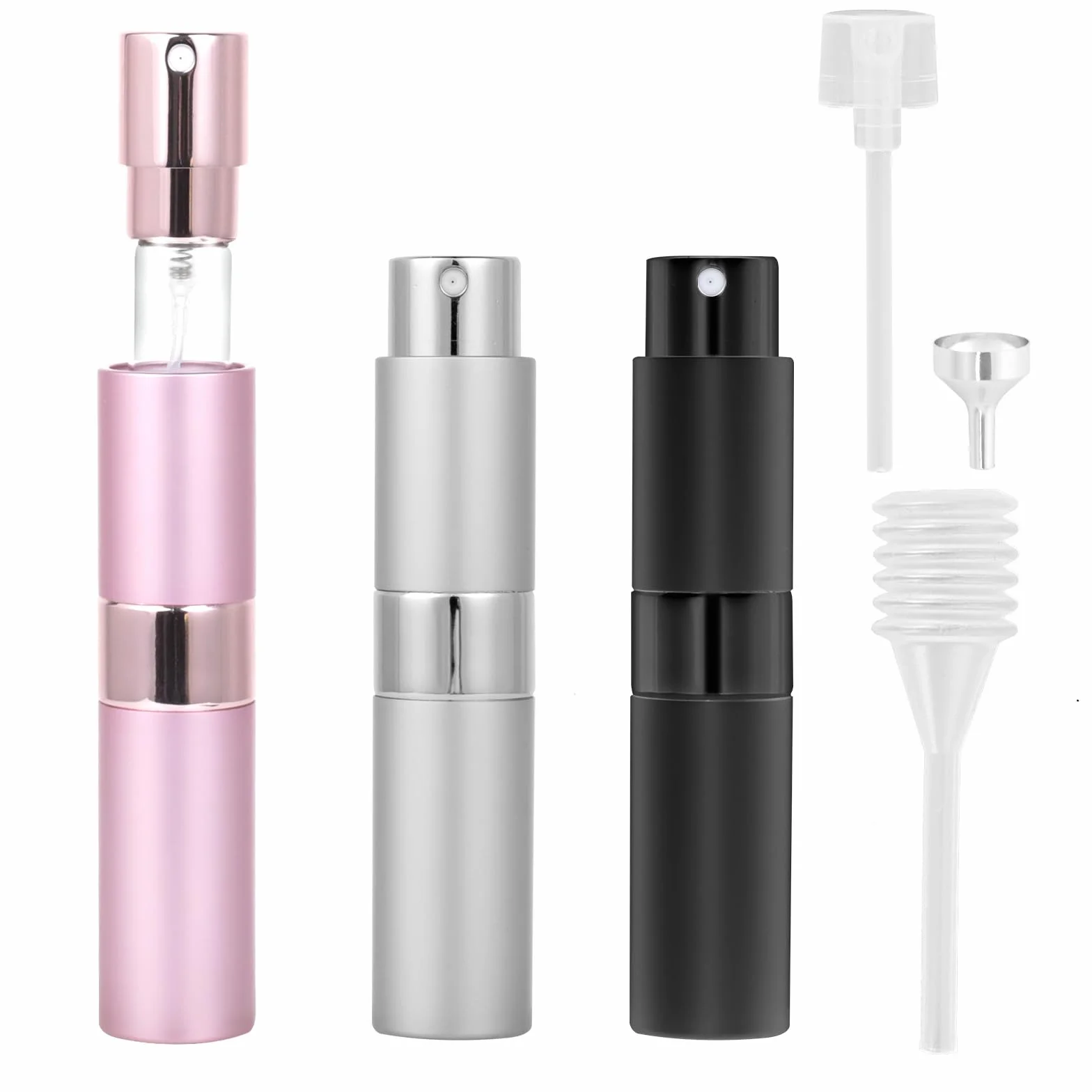 AiQInu porta profumo da viaggio, 3 pezzi 8ml Mini bottiglie spray portaprofumo da viaggio ricaricabile con dispenser per i viaggi e le uscite (rosa + argento + nero)