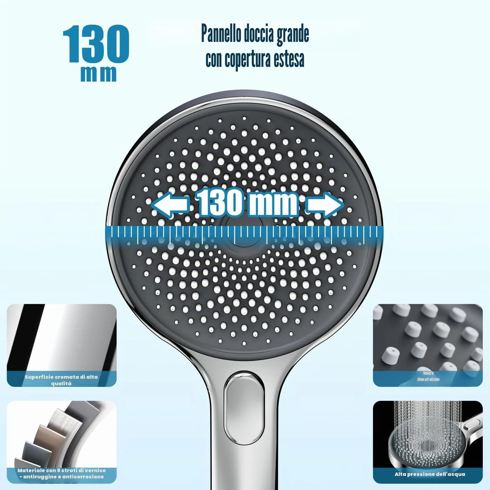 Krobec Soffione doccia 130 mm 3 modalità doccia estraibile risparmio idrico EasyClean cromato