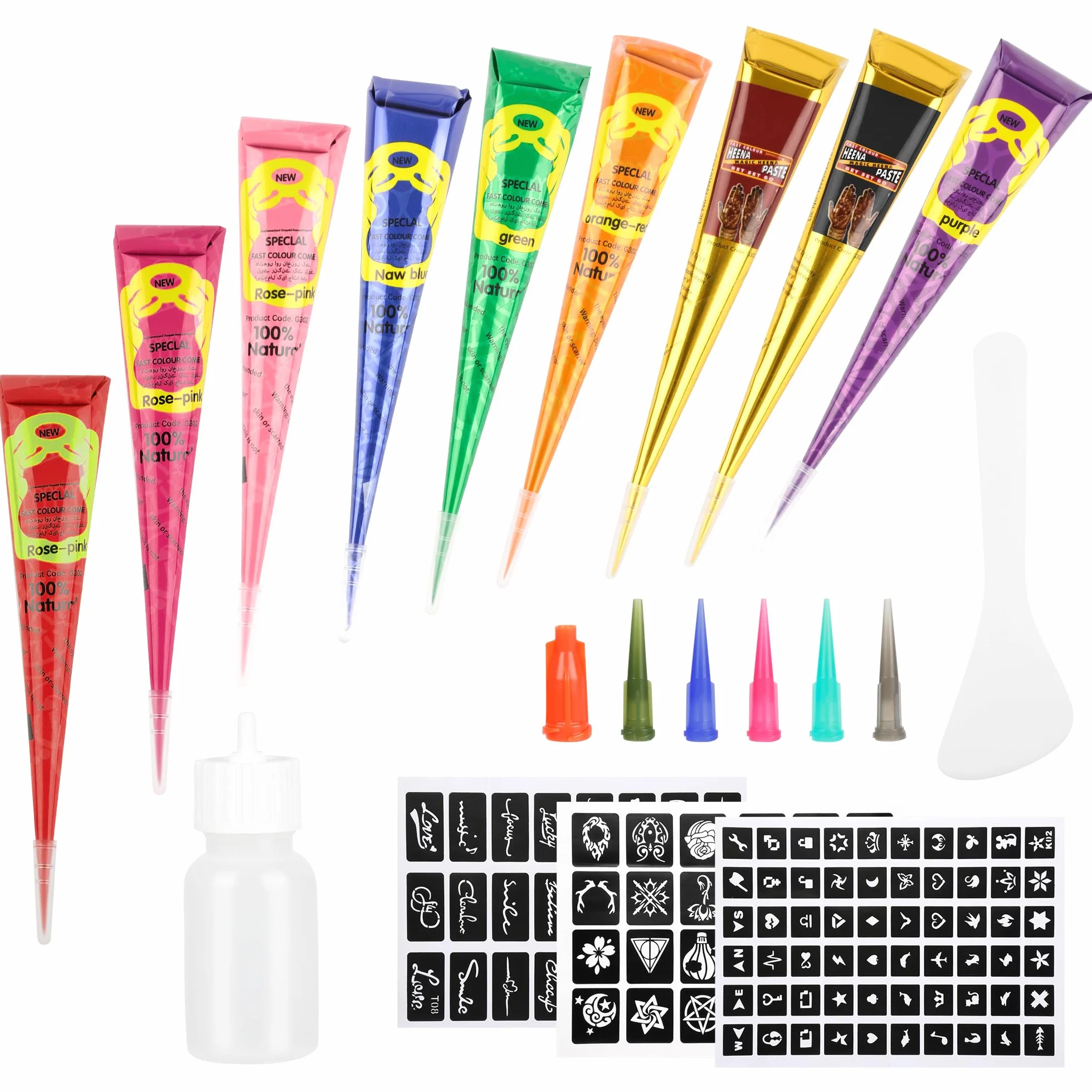 YUXUAN Kit per Tatuaggi Temporanei, 9 Colori Tatuaggi Temporanei Cono, 108 Pezzi Set di Modelli per Stencil, 1 Bottiglia Applicatore e 5 Ugelli di Plastica, Kit per Tatuaggi Halloween, Natale.