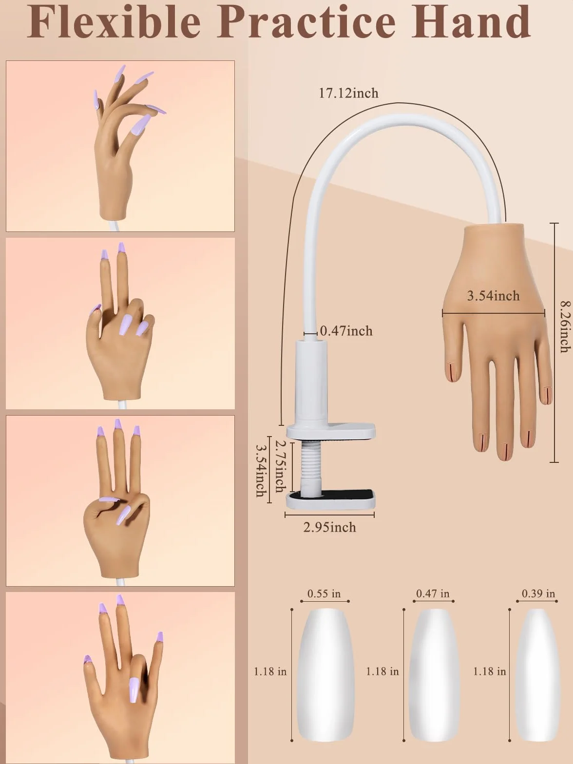 Mano Finta per Ricostruzione Unghie: Silicone Mano Pratica Con 200 Pezzi Tip Unghie Finte - Professionale Flessibili Regolabili Mano Finta per Unghie (Marrone)