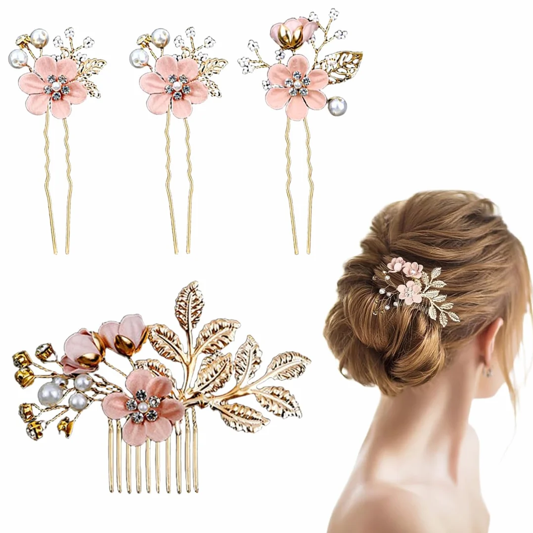 Set di 4 Fermagli Capelli Sposa, Pettine per Capelli da Sposa con Perle,Accessori Capelli Sposa con Strass Rosa,per Accessori per Capelli da Sposa Fascia da Sposa