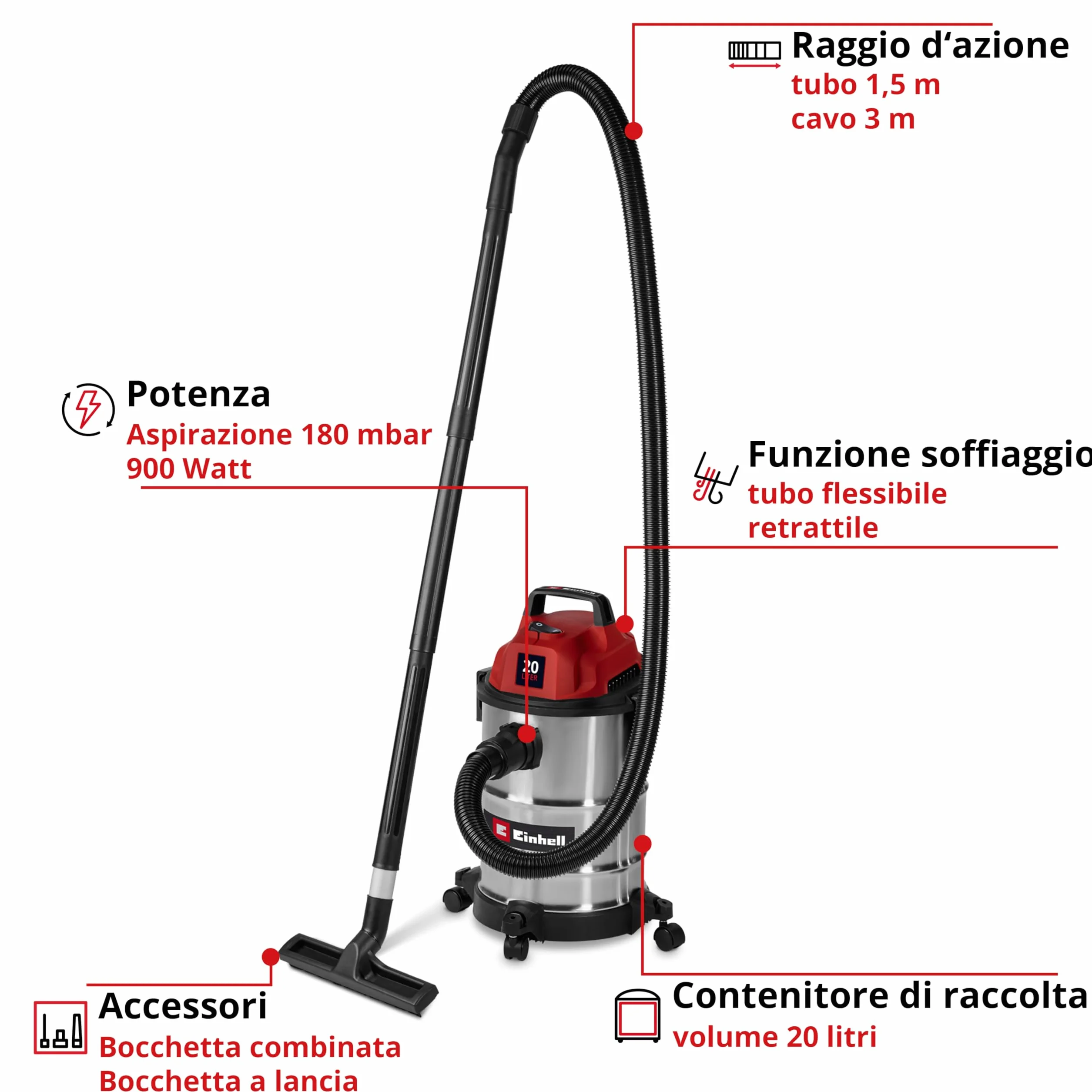 Einhell Aspiratore a secco e umido TC-VC 2045 S 900 W 180 mbar 20 l acciaio inox