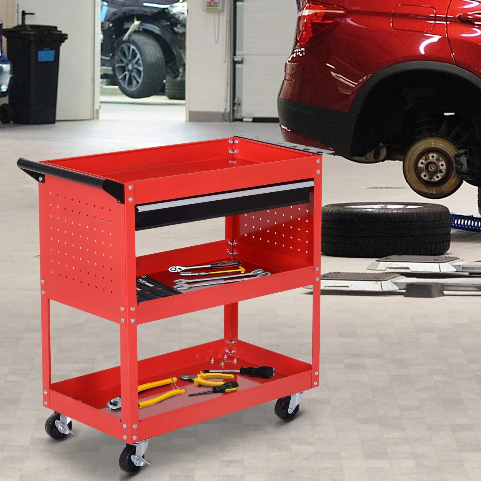 DURHAND Carrello Porta Attrezzi con Cassetto e 3 Ripiani, 4 Ruote, Lamiera di Acciaio, 82x35x76 cm, Rosso