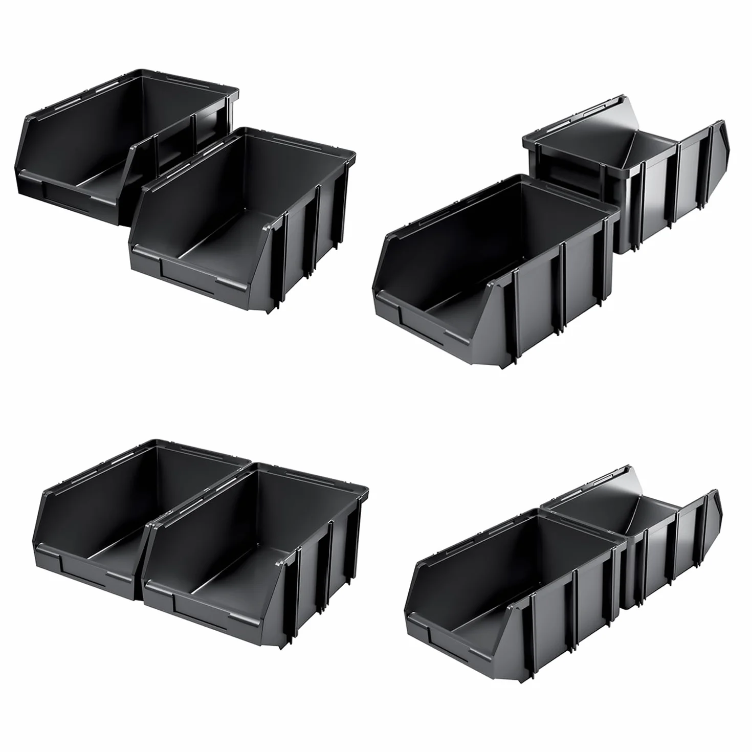 Set di 4 Contenitori a Bocca di Lupo 30x45x19 cm Sovrapponibili Nero Plastica