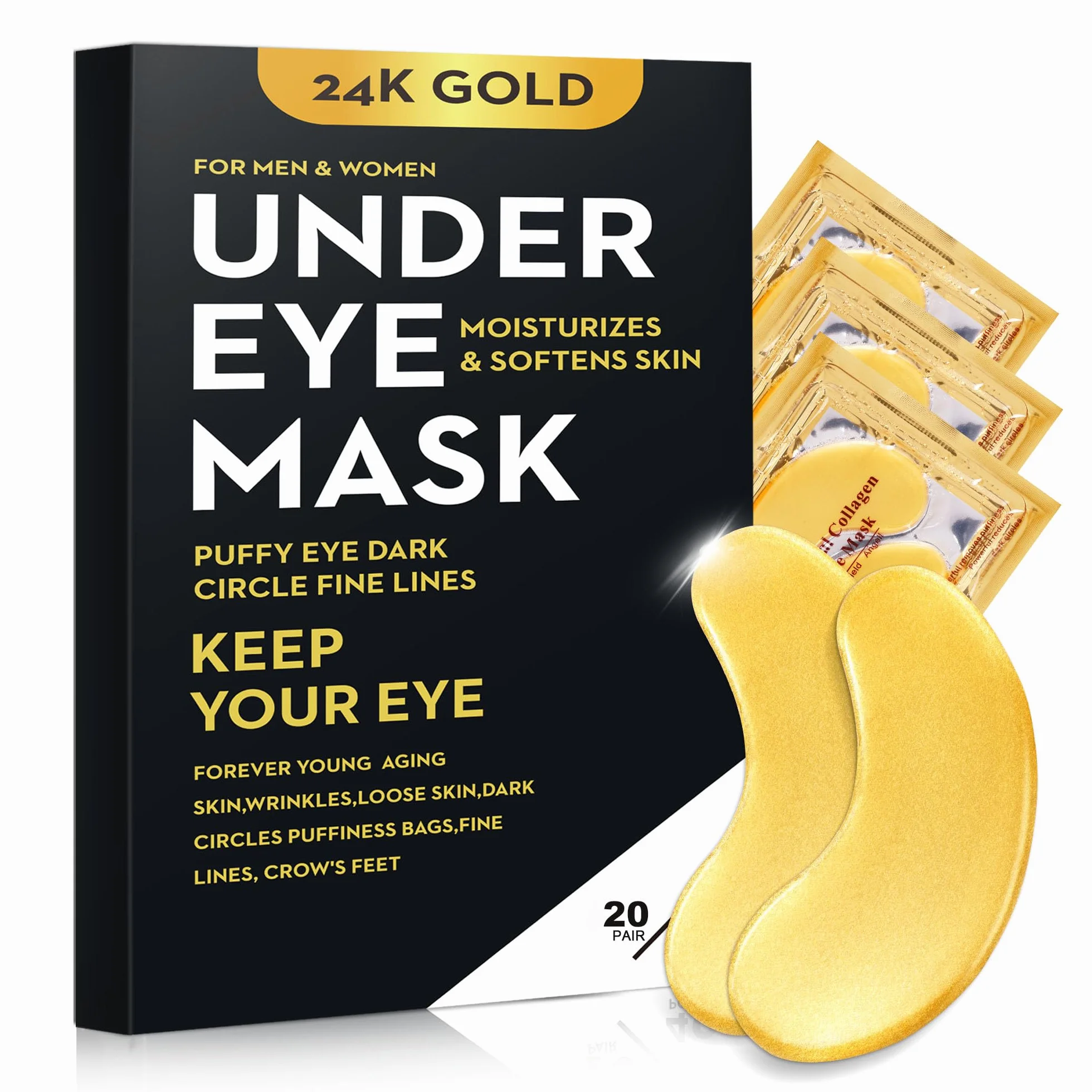 20 Paia Oro 24 carati Maschera per gli occhi Collagene Sotto gli occhi Maschera Cerotti per Occhiaia Gonfiore, Rinfrescare, Rivitalizzante, Viaggi, Rughe, Occhi Patch