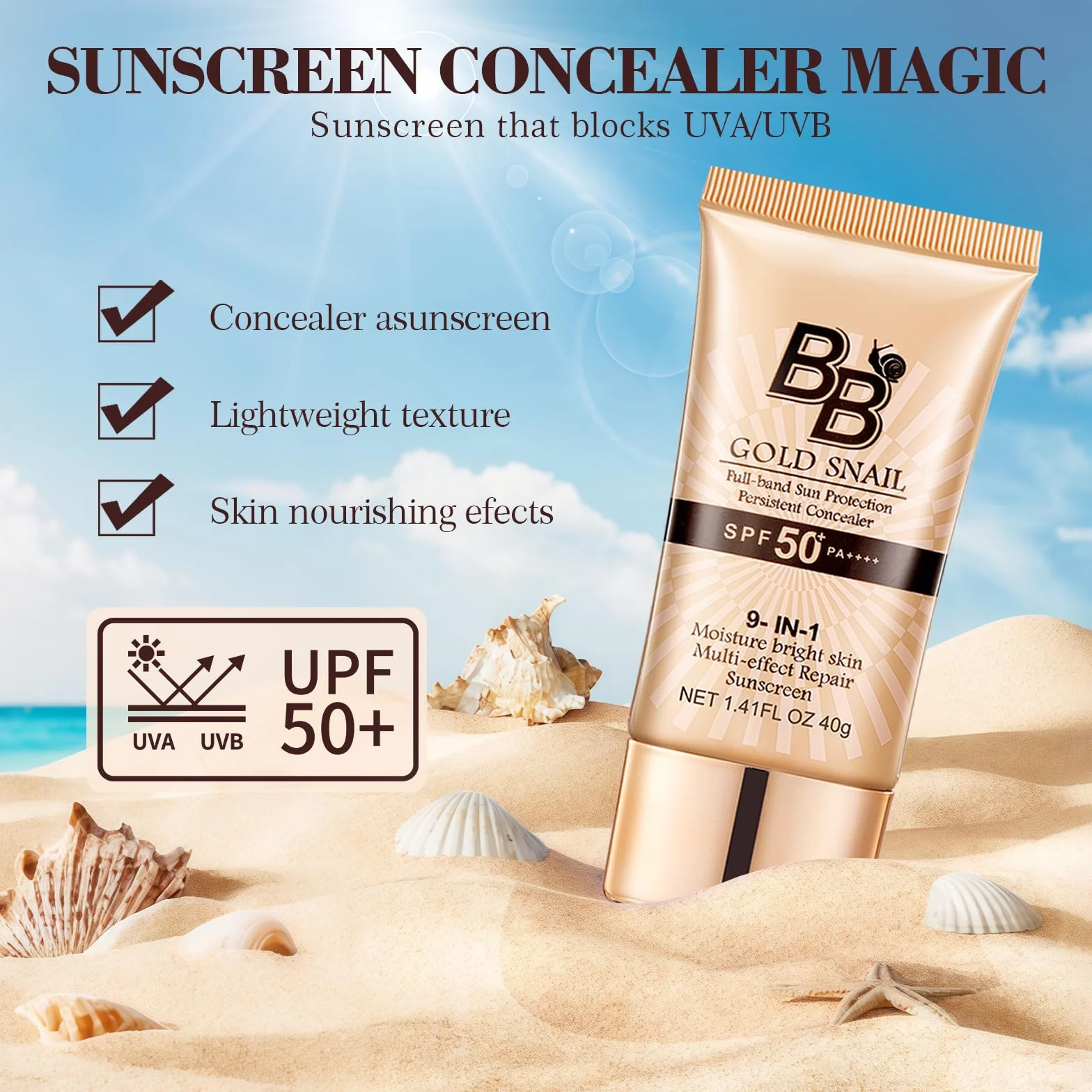 BB Cream SPF 50 con Bava di Lumaca 01# Naturale, CC Cream Coprente e Idratante, Crema Colorata Viso Anti-Lucidità, Fondotinta Compatto con Protezione Solare Viso 50, 40g