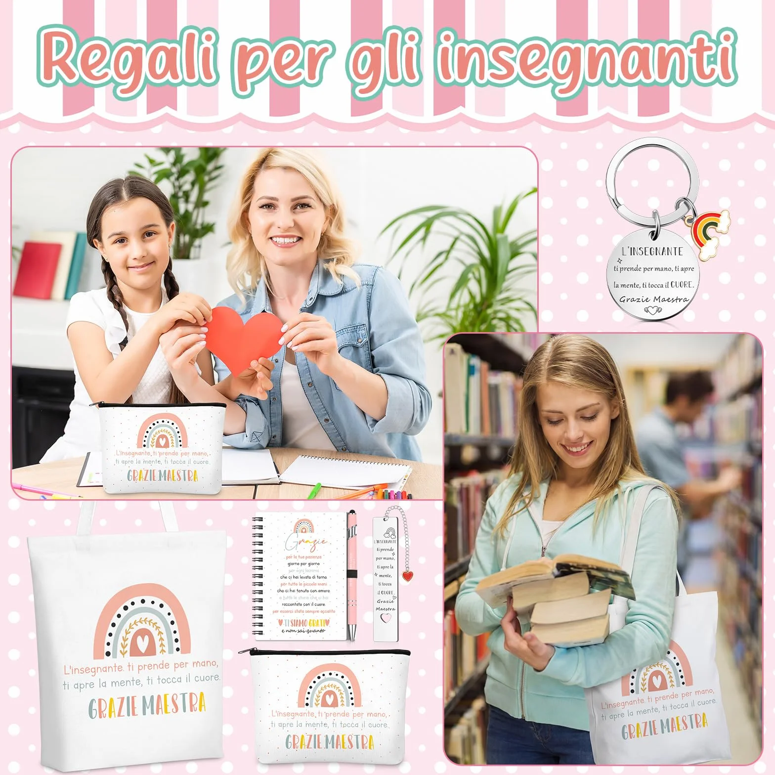 Hestya 6 Regalo di Ringraziamento per Insegnanti Borse in Tela Arcobaleno con Trousse per il Trucco Quaderno a Spirale Segnalibro Penna a Sfera e Portachiavi Apprezzamento per Maestre