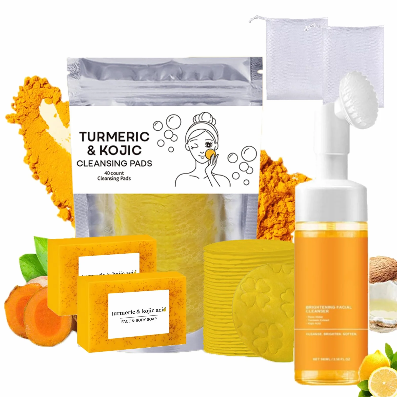 Set da Tre Pezzi Turmeric Wash e Cura, Detergente Viso con Spazzola, Pad Esfolianti per il Viso, Saponetta, Rete Schiumogena per Sapone, Set Detergente Profondo per Viso e Corpo