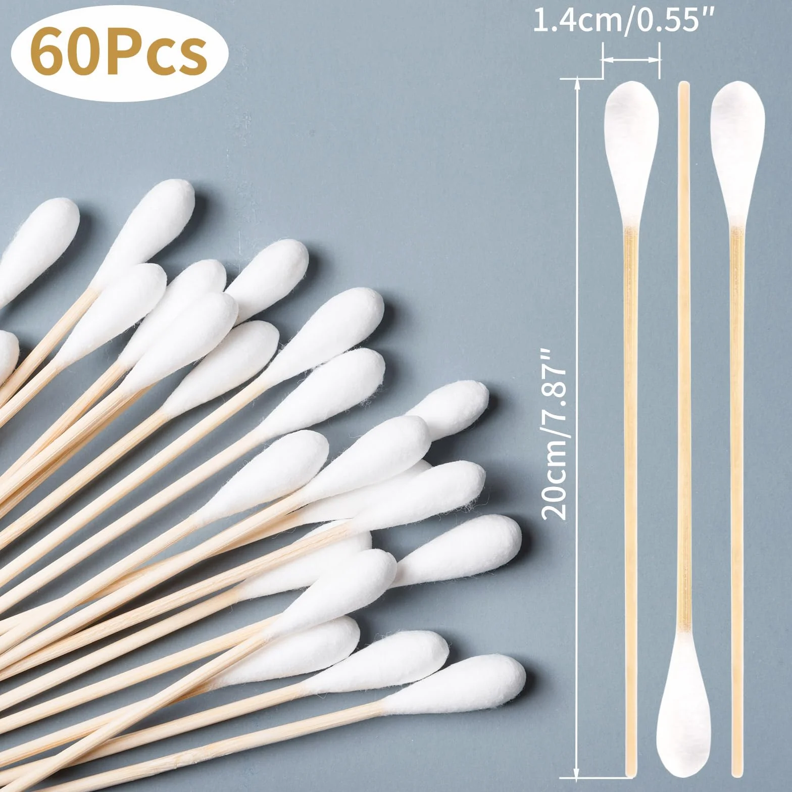 20cm Tamponi di Cotone Lunghi,Tamponi in Cotone con Manici in Legno,Bastoncini con Cotone,Tamponi di Cotone con Grandi Palline di Cotone per Pulizia,Cosmetologia,Strumento Cosmetico,60 Pezzi