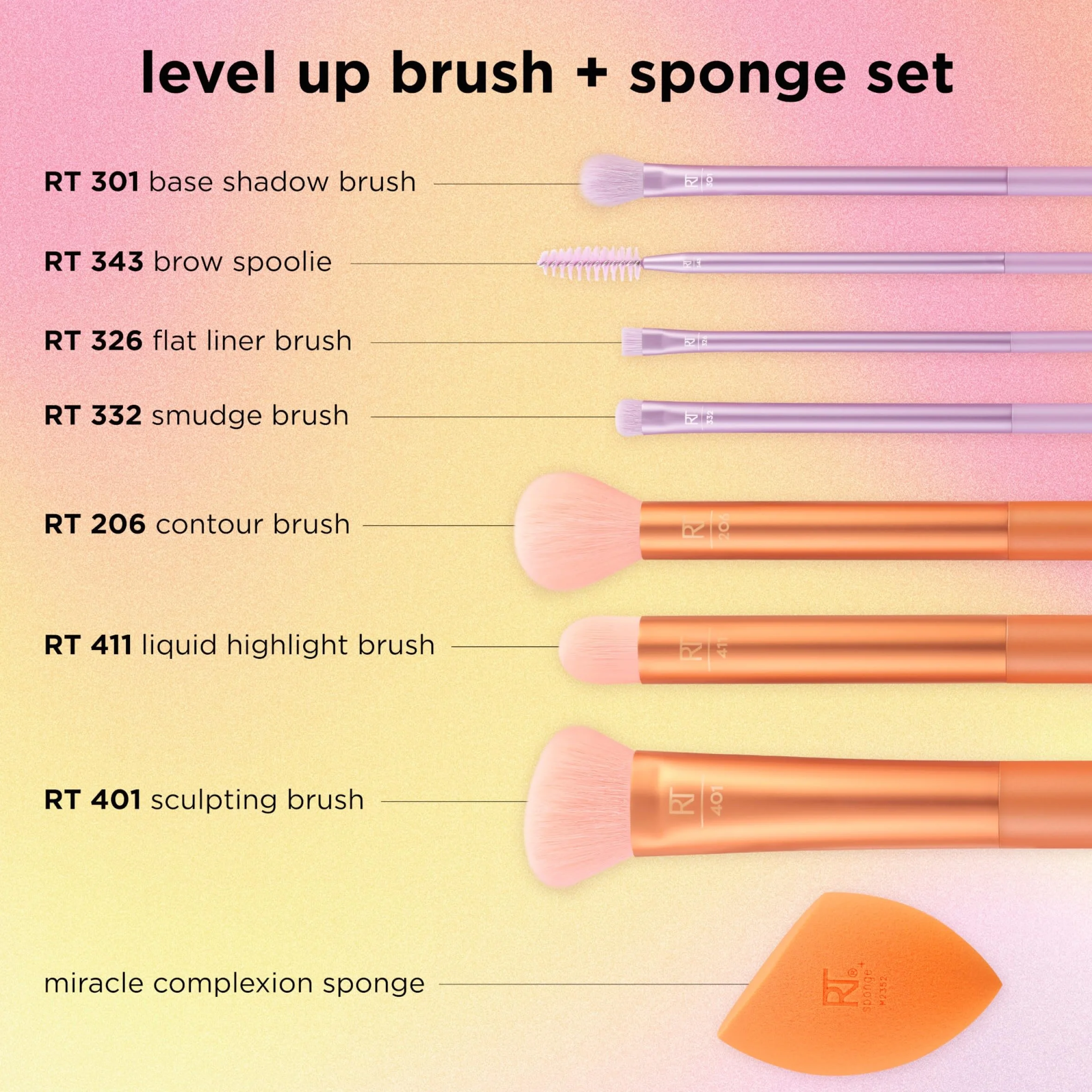 Real Techniques Level Up Brush + Sponge Kit, pennelli trucco per ombretto, fondotinta, fard e bronzer, strumenti di trucco di qualità professionale, setole sintetiche, set da 8 pezzi