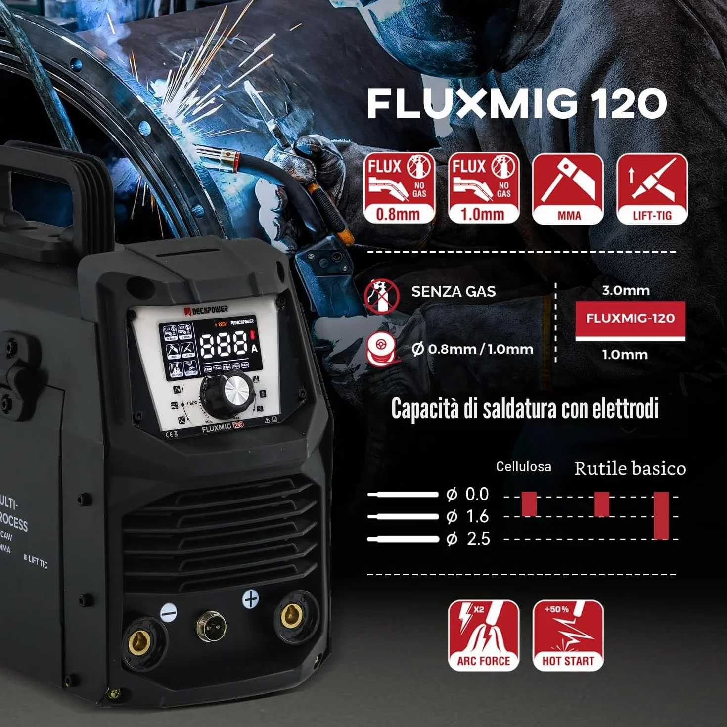 Decapower 220V Saldatrice 120A Arco Lift TIG FLUX MIG 3 in 1 senza gas FLUXMIG-120