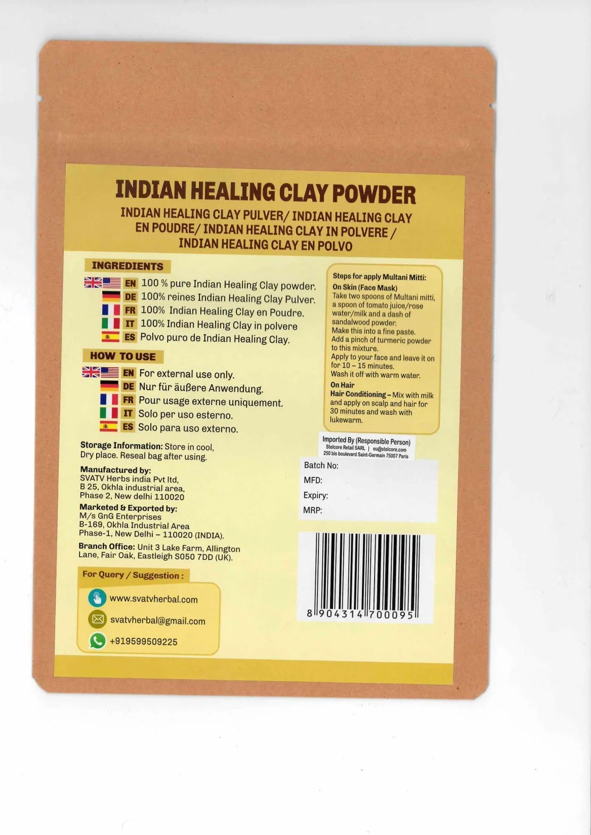 Fullers Earth Powder | Multani Mitti | Indian Healing Clay | Polvere di terra di Fullers | Deep Skin Pore Purifying Face Mask Skin care & Dirt Remover - Natural Face Pack 227g