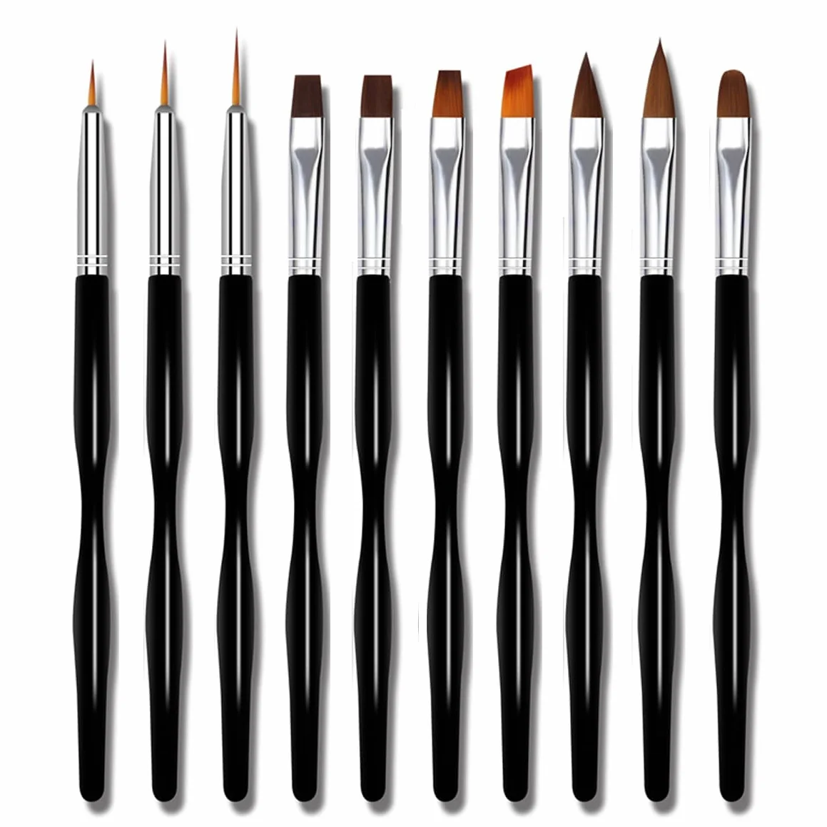 Set di pennelli per nail art, 10 pennelli per nail art, pennelli professionali per nail art, pennelli sottili per unghie, neri