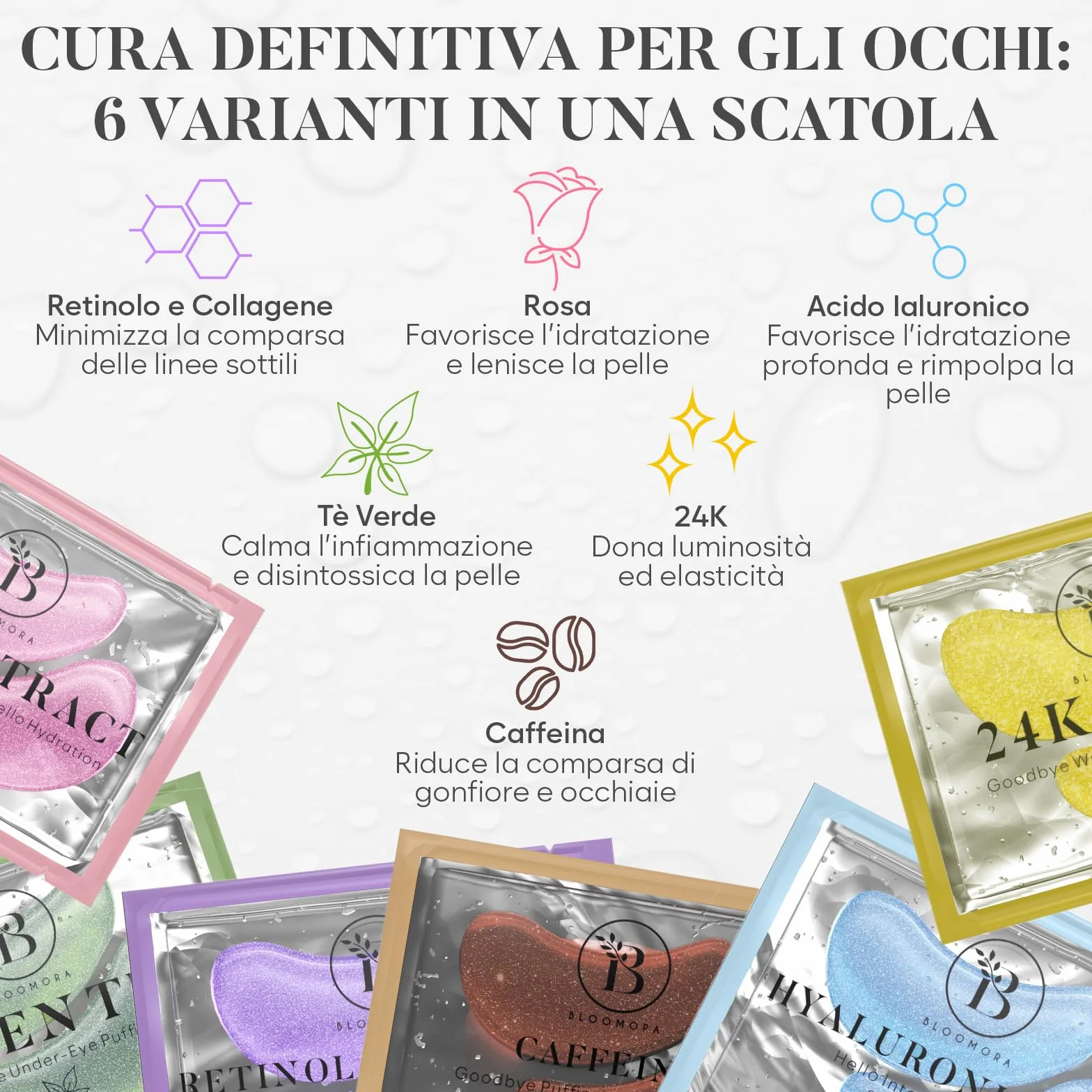 BLOOMORA Patch Occhi (30 paia, mix varietà) - Maschera Occhi con Niacinamide e Acido ialuronico - Eye Patch - Maschera Occhiaie - Patch Occhiaie e Borse - Maschera Contorno Occhi