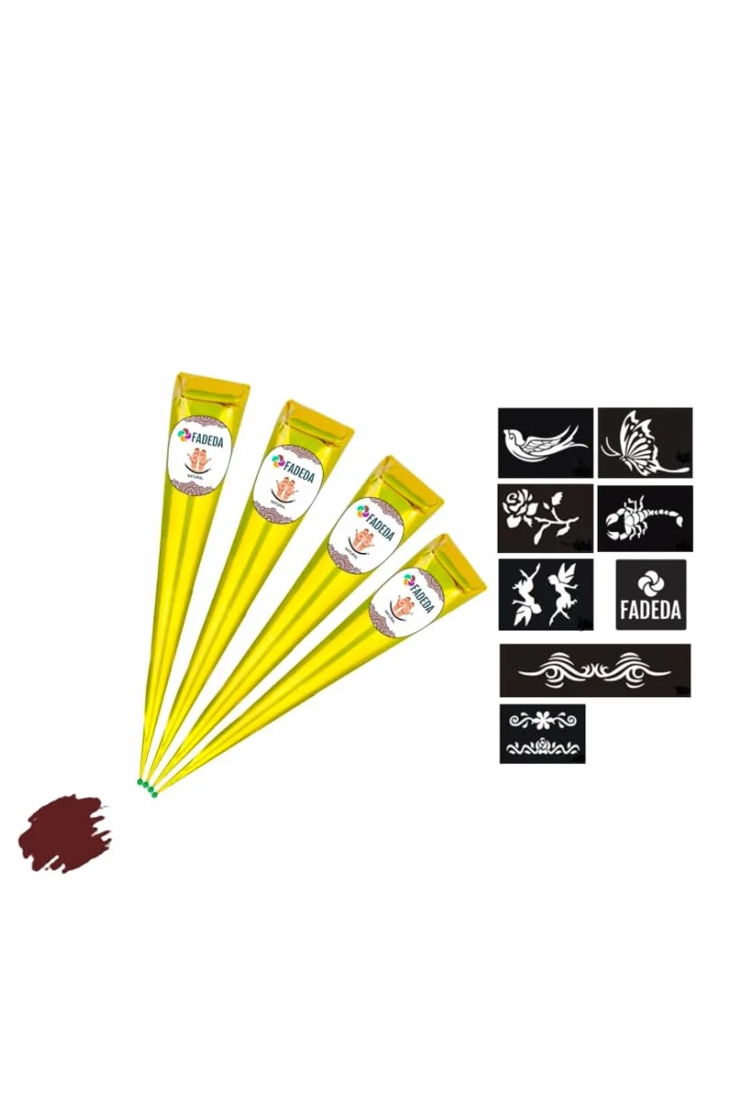 4 coni di henné FADEDA | 4 x 25 g pasta naturale | marrone naturale | 8 diversi stencil per adesivi | 100% vegetale | pronto all'uso e senza PPD