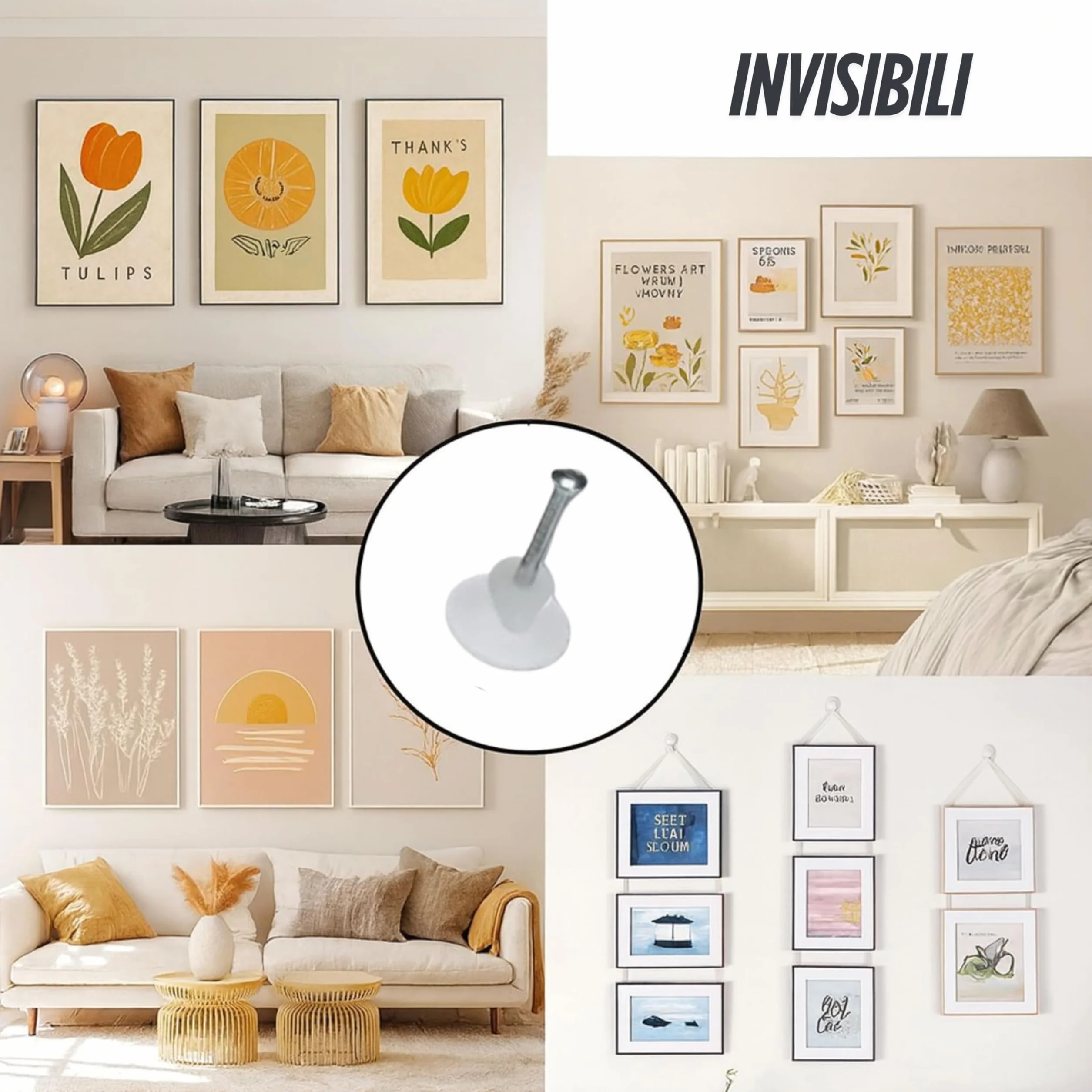 Set di Ganci per Quadri Muro Antitraccia - Ganci Invisibili per Appendere Foto, Dipinti, Specchi - 3 Ganci (20 Pezzi)