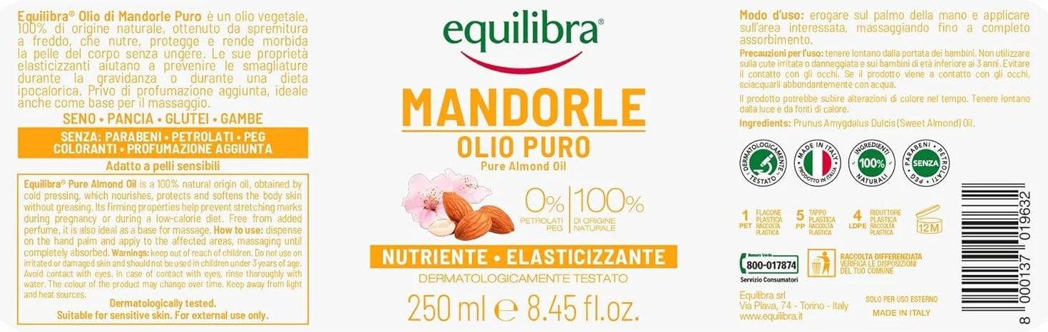 Equilibra, Olio di Mandorle Puro, Olio di Mandorle Dolci, Protettivo, Nutriente ed Elasticizzante, Aiuta a Prevenire le Smagliature in Gravidanza o Durante una Dieta Ipocalorica, 250 ml