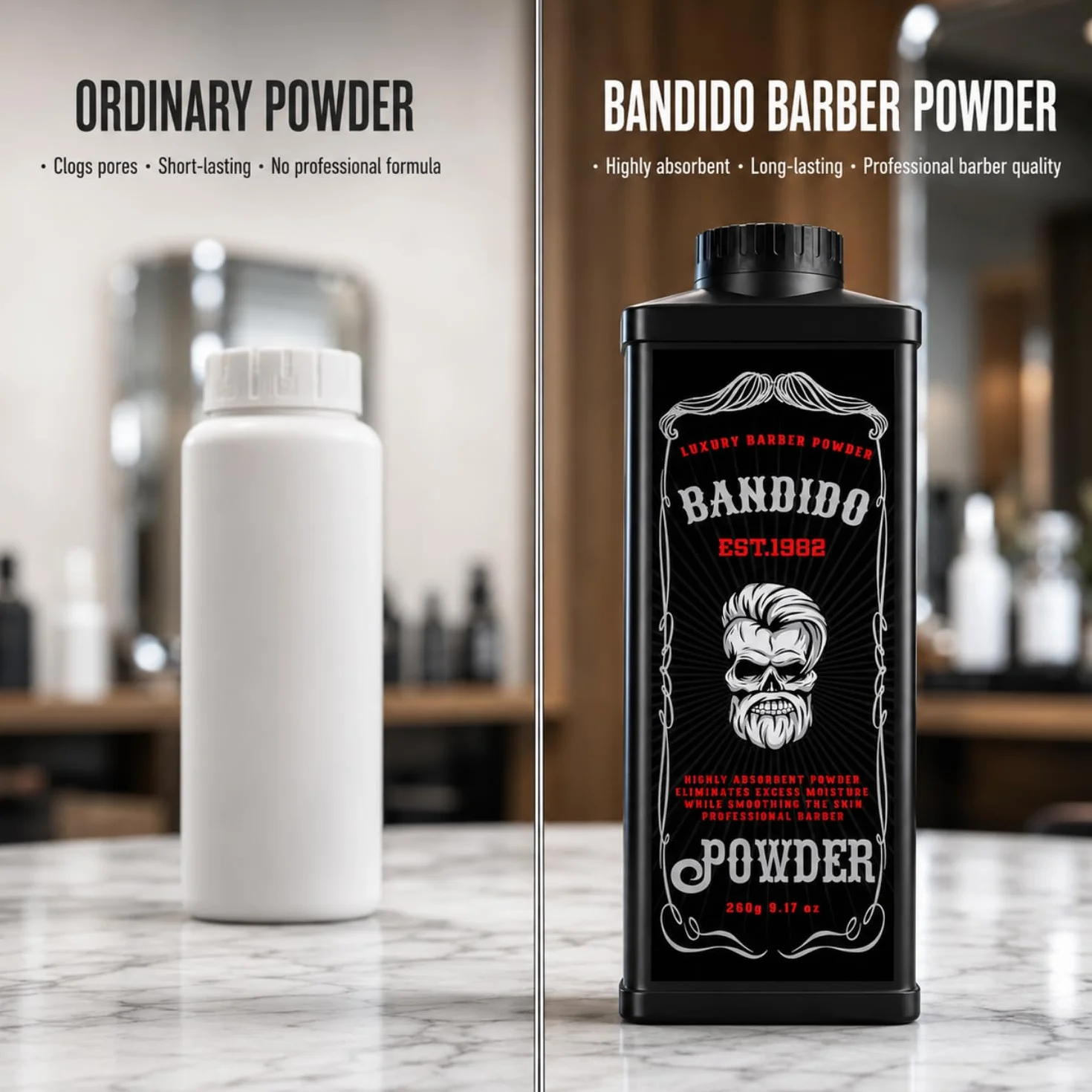 Bandido Barber Talc Powder 260 gr | Barbiere Talco Polvere | Kuaför Talk Pudrasi | Rimuove le irritazioni e i graffi del corpo | Rasatura da uomo | Forniture da parrucchiere – Dispenser richiudibile
