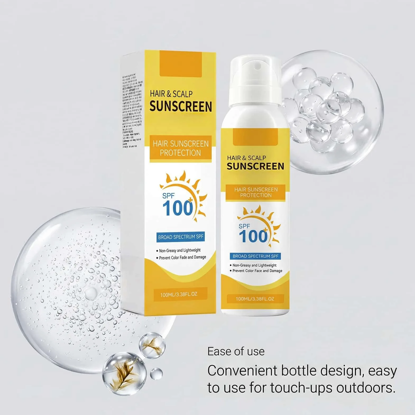 Spray solare SPF 100 per capelli e cuoio capelluto, protezione UV ad ampio spettro; spray leggero e non grasso che previene lo scolorimento dei capelli e i danni del sole, 100 ml (3Pezzo)