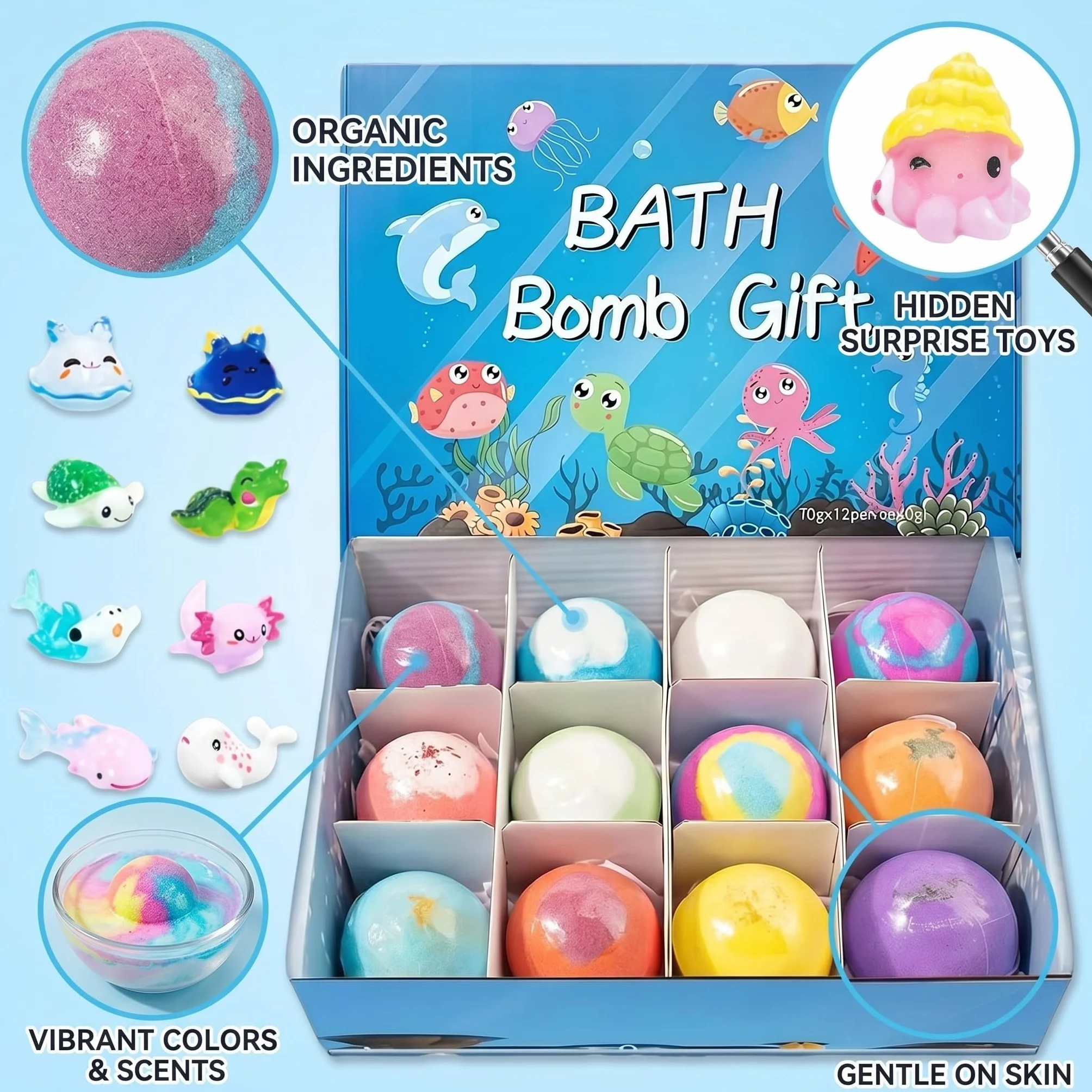 12 Pezzi Bombe da Bagno Bambini Dino a Sorpresa, Giocattoli da Bagno per Bambini, Regali di Natale e Compleanno, Regalo con Baff Bomb