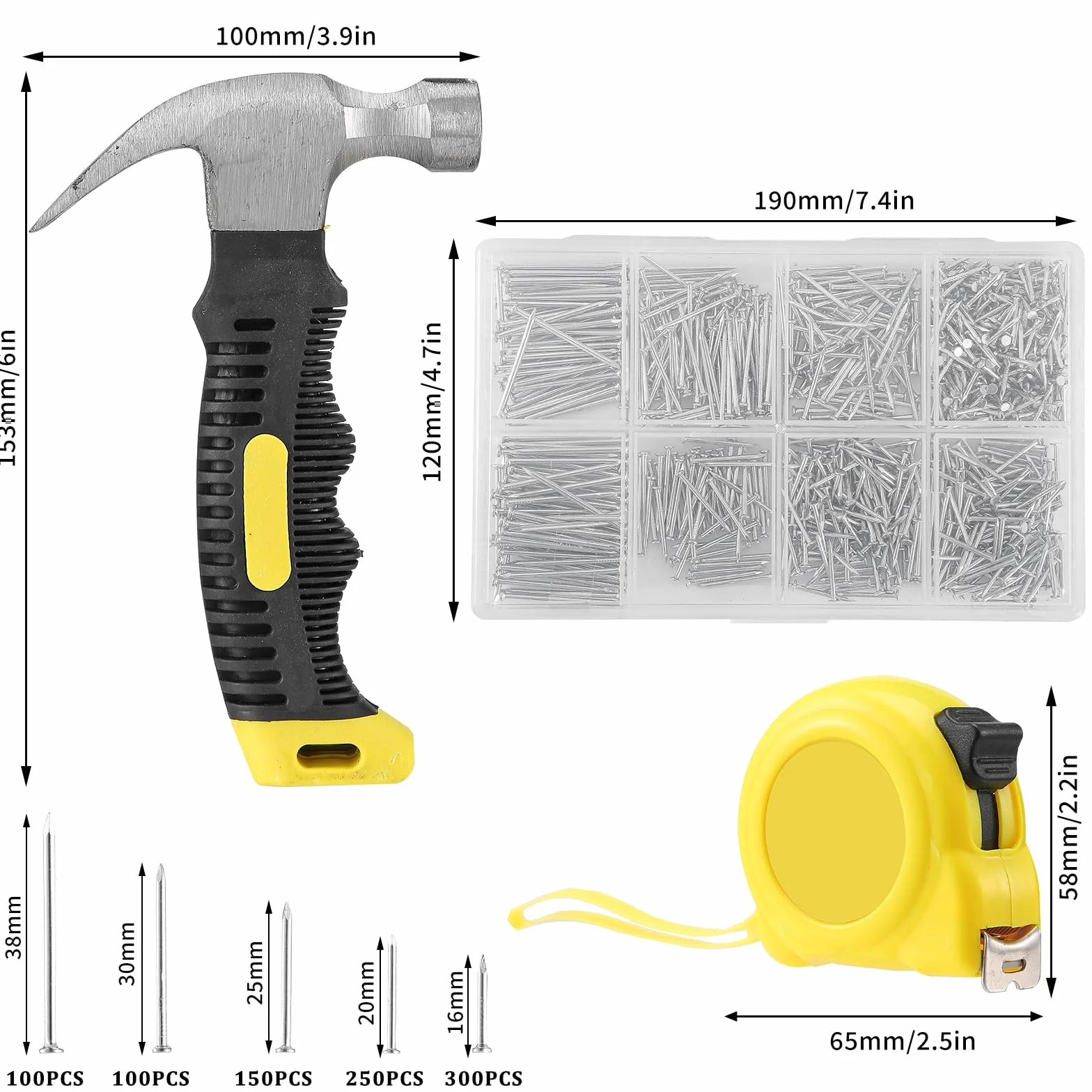 Kit 900 Chiodi in Acciaio 8-in-1, Martello Mini Carpentiere 282g, Metro a Nastro 3m - Fai-da-Te