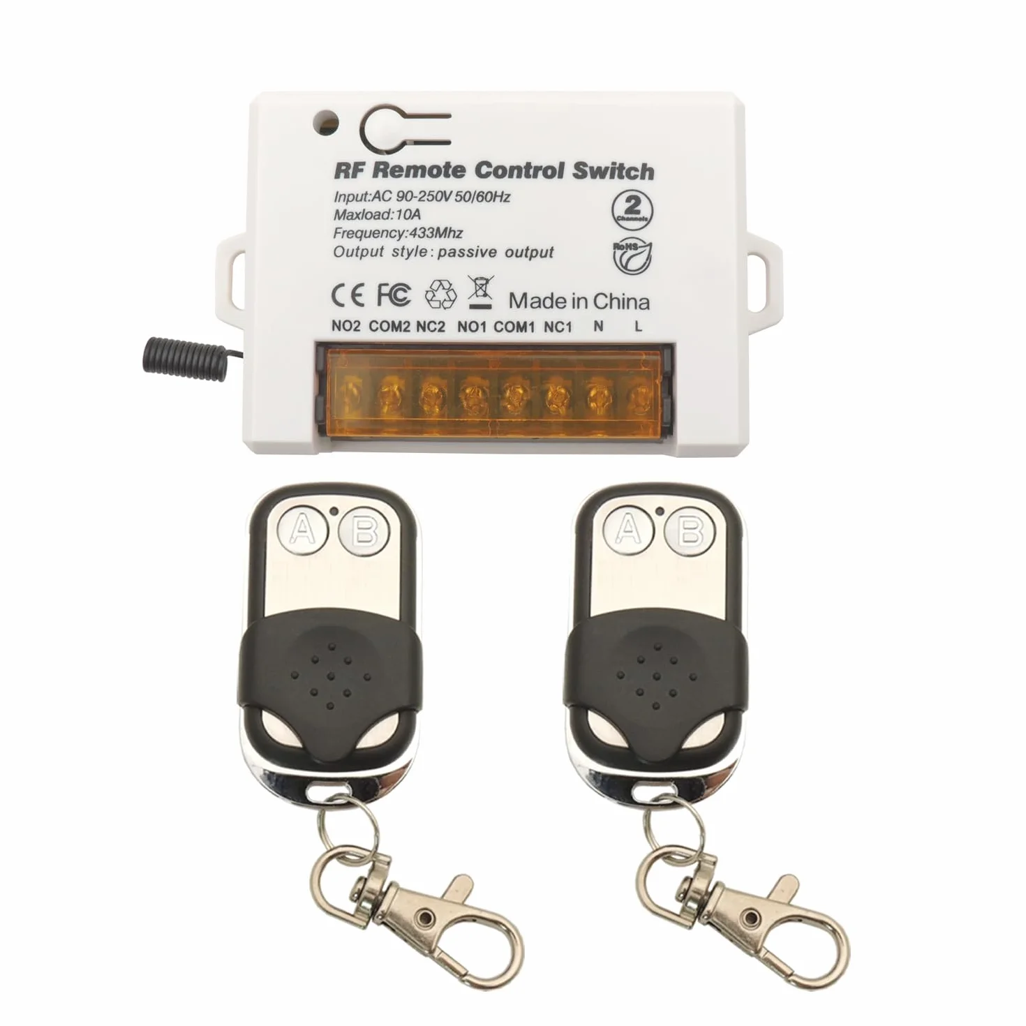 DieseRC 2 Canali Interruttore Telecomando Senza Fili 433 MHz RF 220V 230V 10A Relè Ricevitore con 2 Trasmettitori Portachiavi
