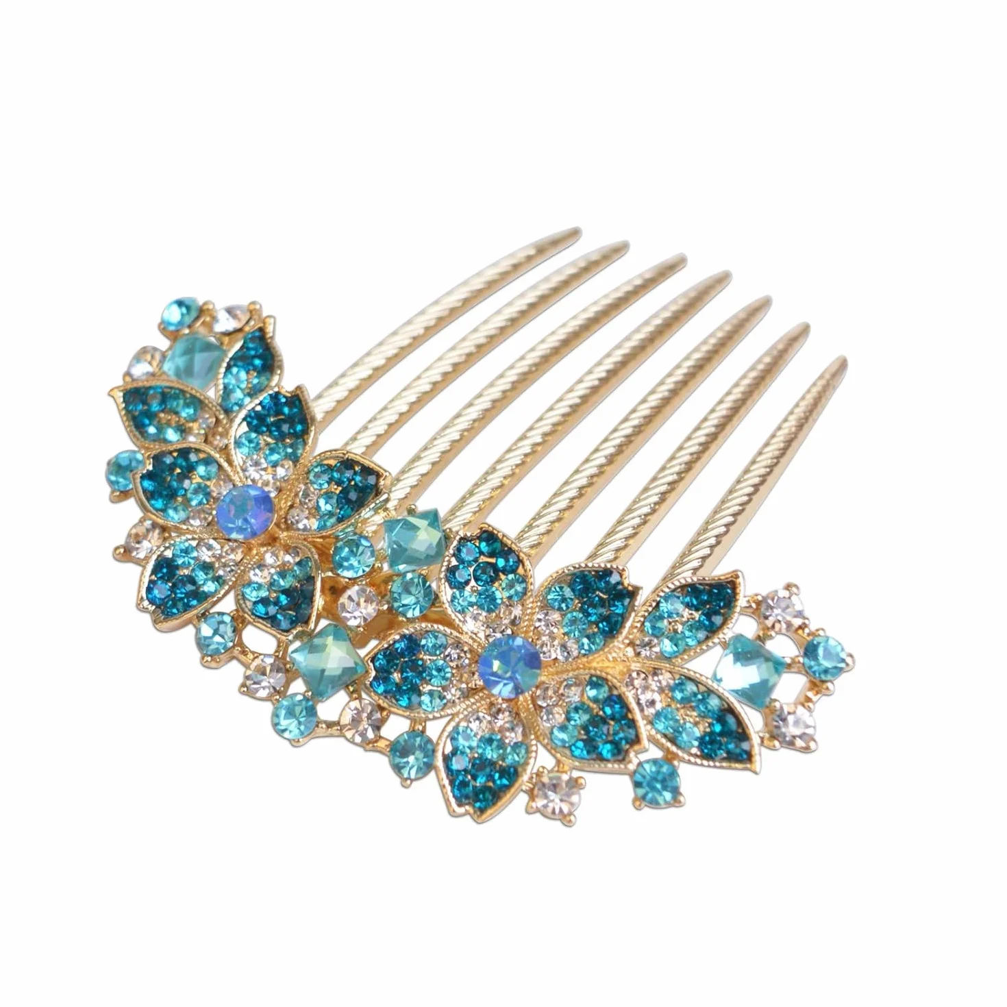 Pettine per capelli da donna con fiori intarsiati e strass, accessorio per capelli da sposa, pettine laterale per ragazze, idea regalo (blu)