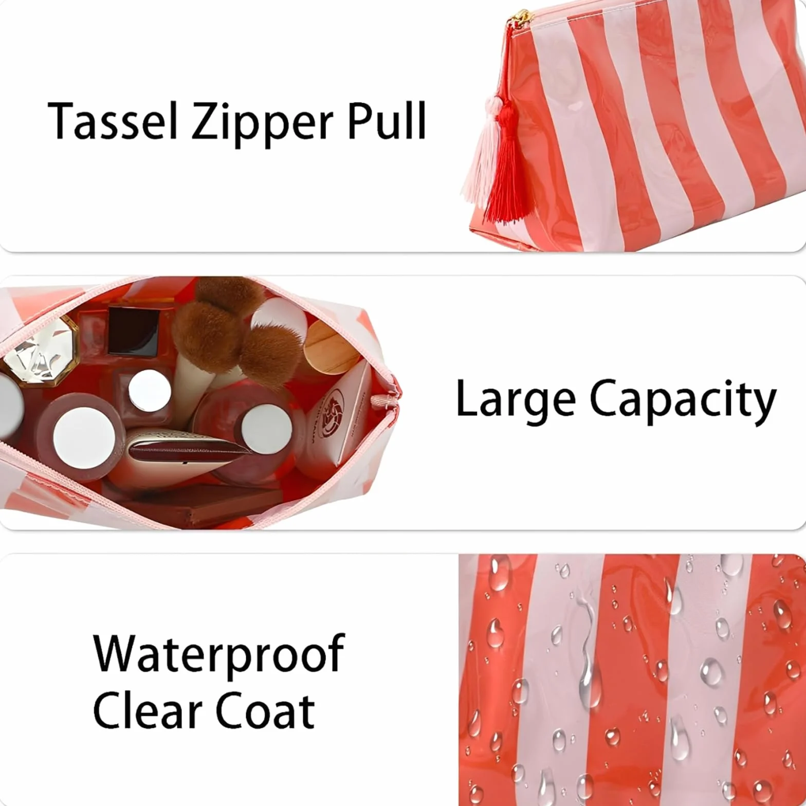 Borsa Cosmetica da Viaggio Donna Astuccio da Toilette a Righe Arancione Beauty Case Impermeabile in PVC con Cerniera Porta Trucchi Trousse Organizer Portatile per la Spiaggia e le Vacanze Estive