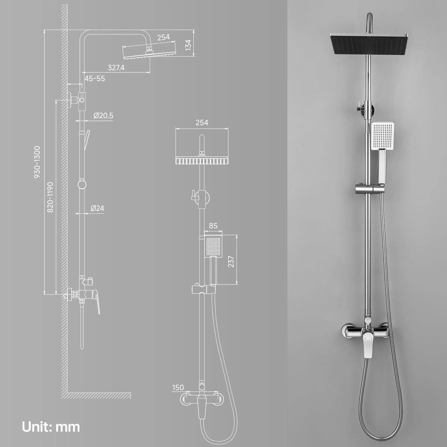 Auralum Colonna Doccia con Miscelatore Soffione e Doccetta Saliscendi Acciaio Inox Altezza Regolabile 90-130cm Cromo Quadrato 25cm