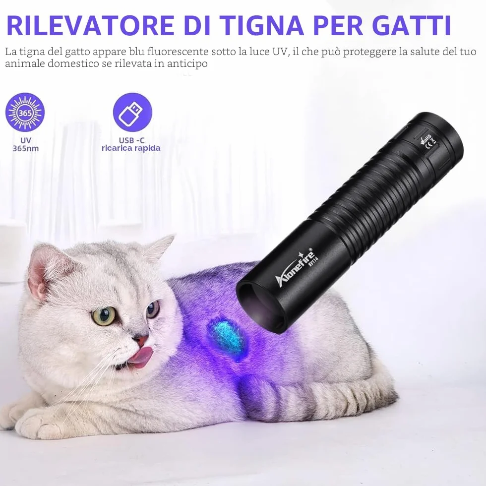 Alonefire SV114 Torcia UV LED Professionale 365nm USB C Ricaricabile Ultravioletti con Batteria