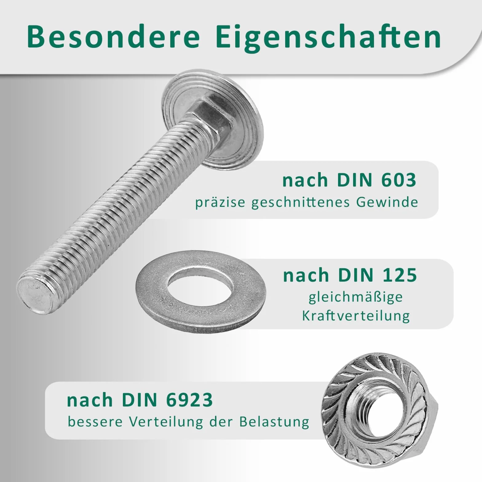 Viti a testa tonda M10 x 70 mm DIN 603 con dado flangiato M10 DIN 6923 e rondella DIN 125 in acciaio inox A2/V2A