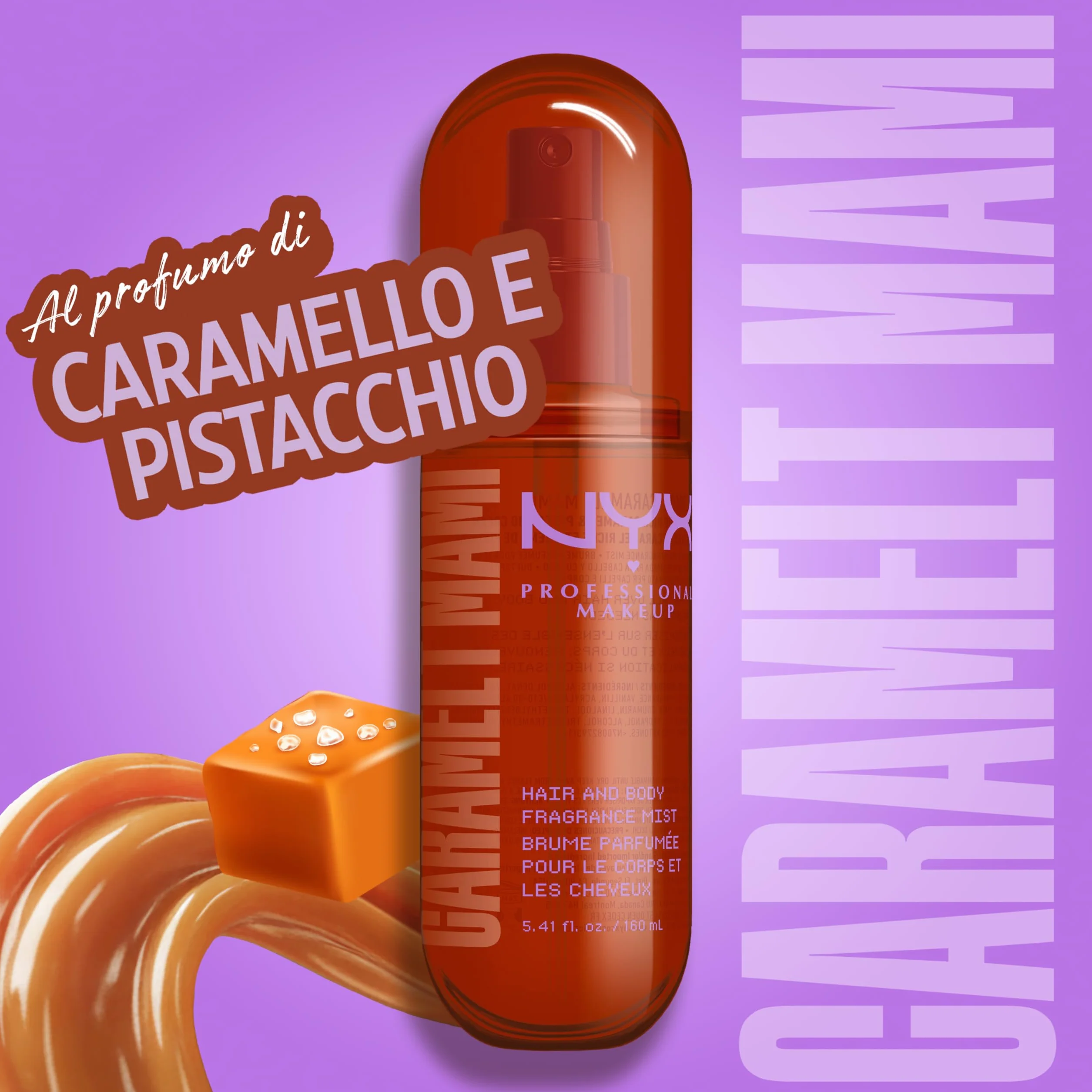 NYX Professional Makeup Fat Oil Body Mist Spray Corpo e Capelli, Fragranza Intensa, Effetto Avvolgente, Al profumo di Caramello e Pistacchio, Caramelt Mami,80 ml