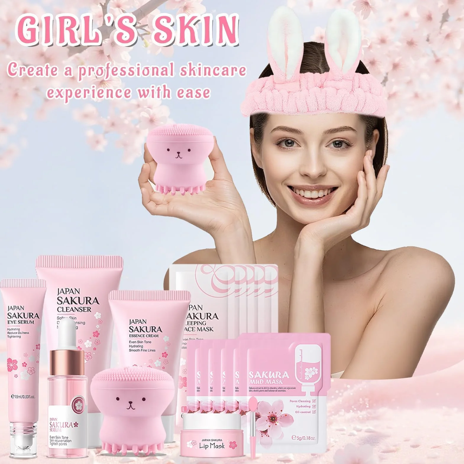 Kit per la Cura della Pelle Sakura 18 Pezzi,Include Detergente,Crema, Siero,Siero per gli occhi,Maschera di fango,Maschera per dormire, Accessori,Set Skincare Viso Completo per Ragazze e Donne