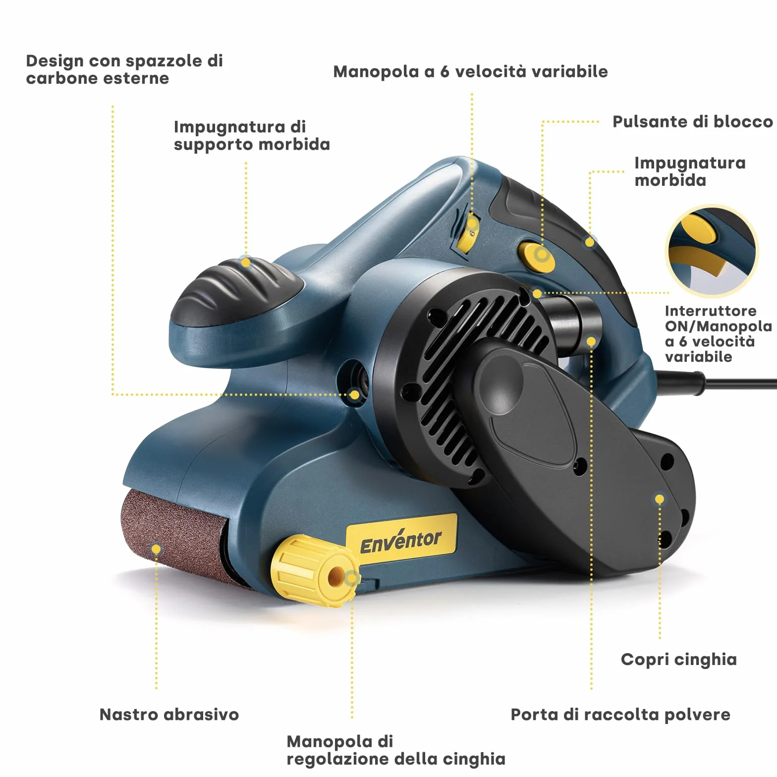 Enventor Levigatrice a Nastro 950W 6 Velocità 120-380m/min 12 Nastri Abrasivi 76 x 533mm Sacchetto Raccoglipolvere