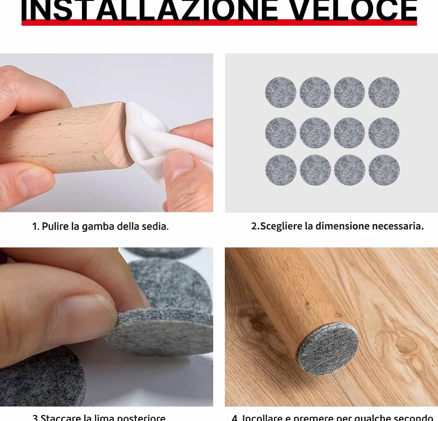 Feltrini Adesivi per Mobili 225 Pezzi, Rotondi Quadrati 3mm, 8 Taglie, Antiscivolo per Sedie Pesanti - Grigio