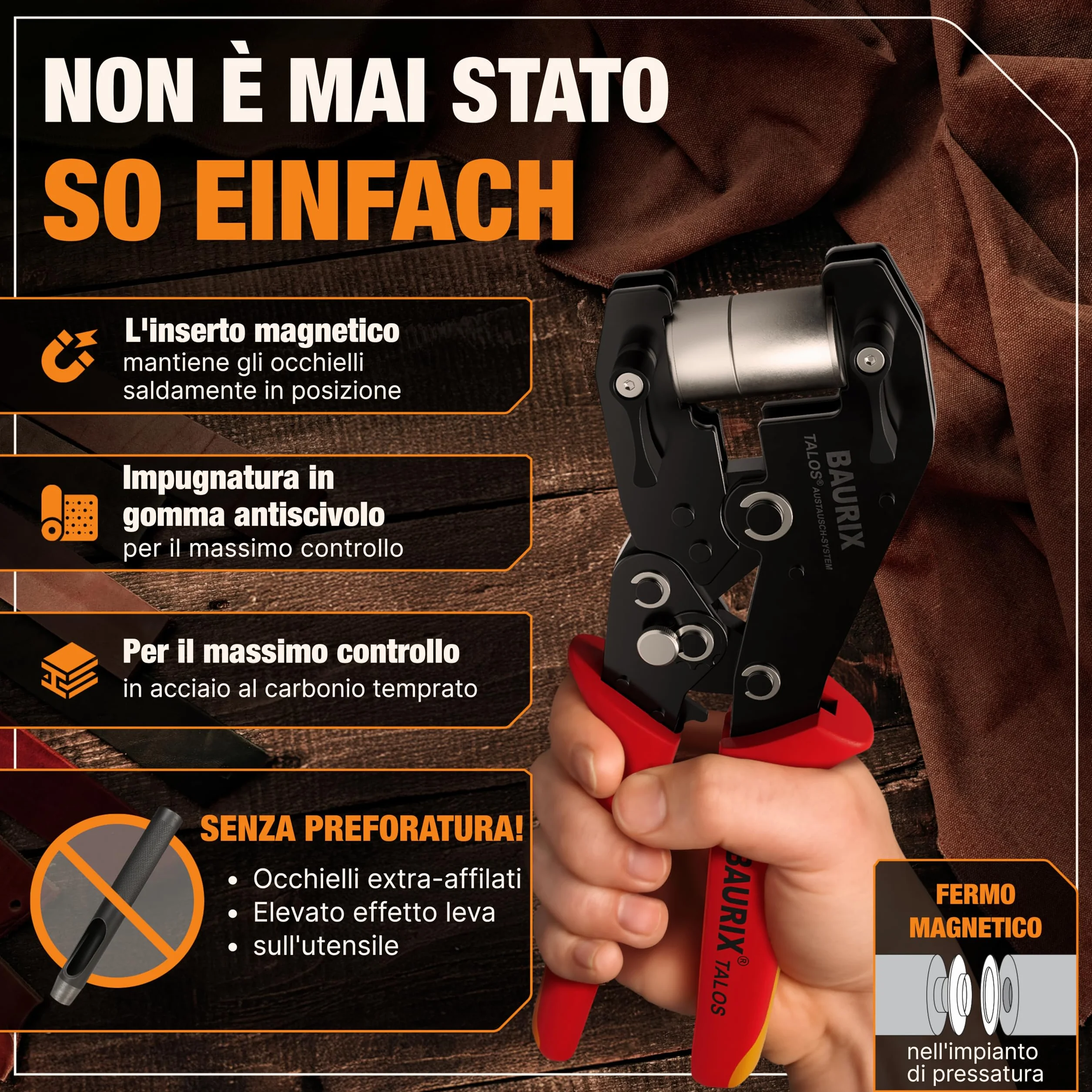 BAURIX Pinza Occhielli con 200 Occhielli Ø10 mm per Telo Stoffa Pelle Tessuti Autopunzante Senza Foro TALOS