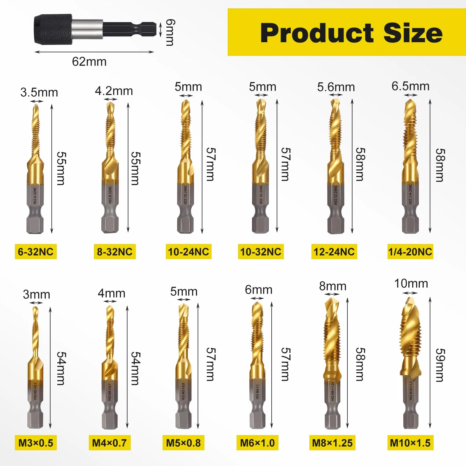 Set di 13 punte per filettatura HSS 6 mm M3-M10 SAE 6-32NC 1/4-20NC