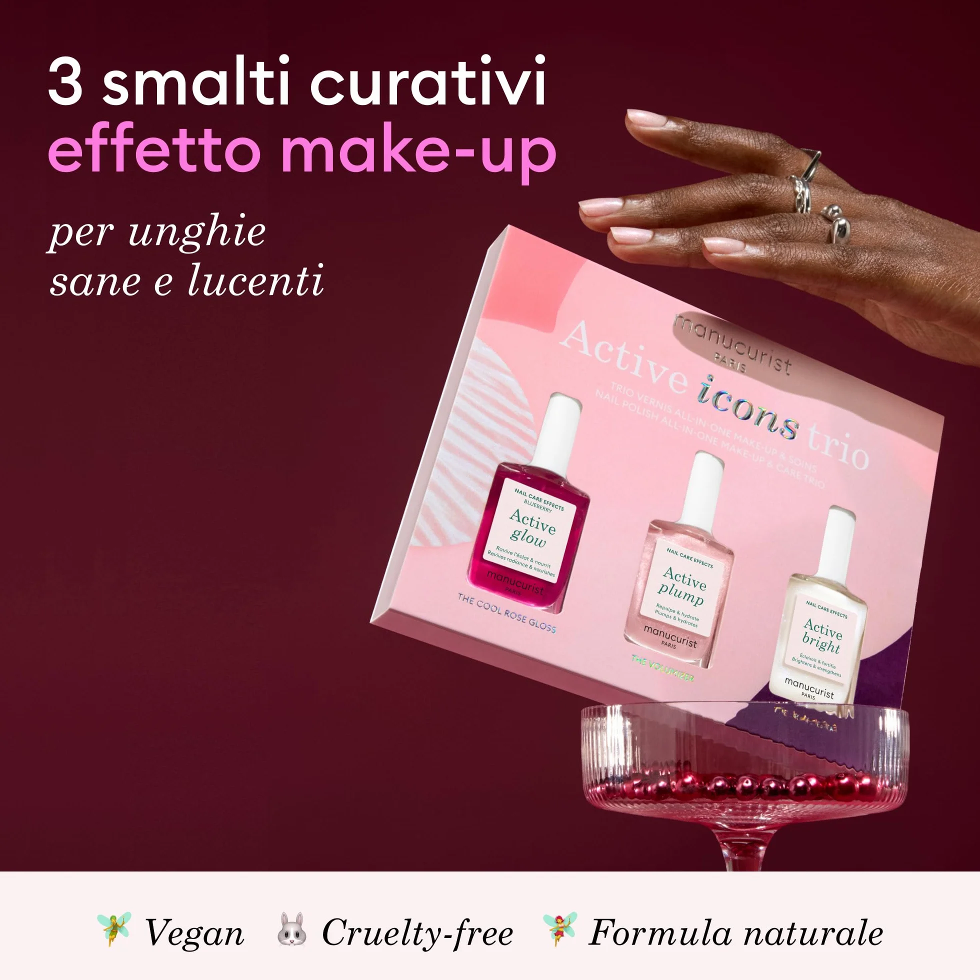 Set Regalo Unghie Manucurist Active Icons Trio - Smalti Active Glow Blueberry, Shine, Plump - Trattamento illuminante e cura - Smalto Rinforzante Unghie - Cofanetto Regalo Donna - Regali Donna