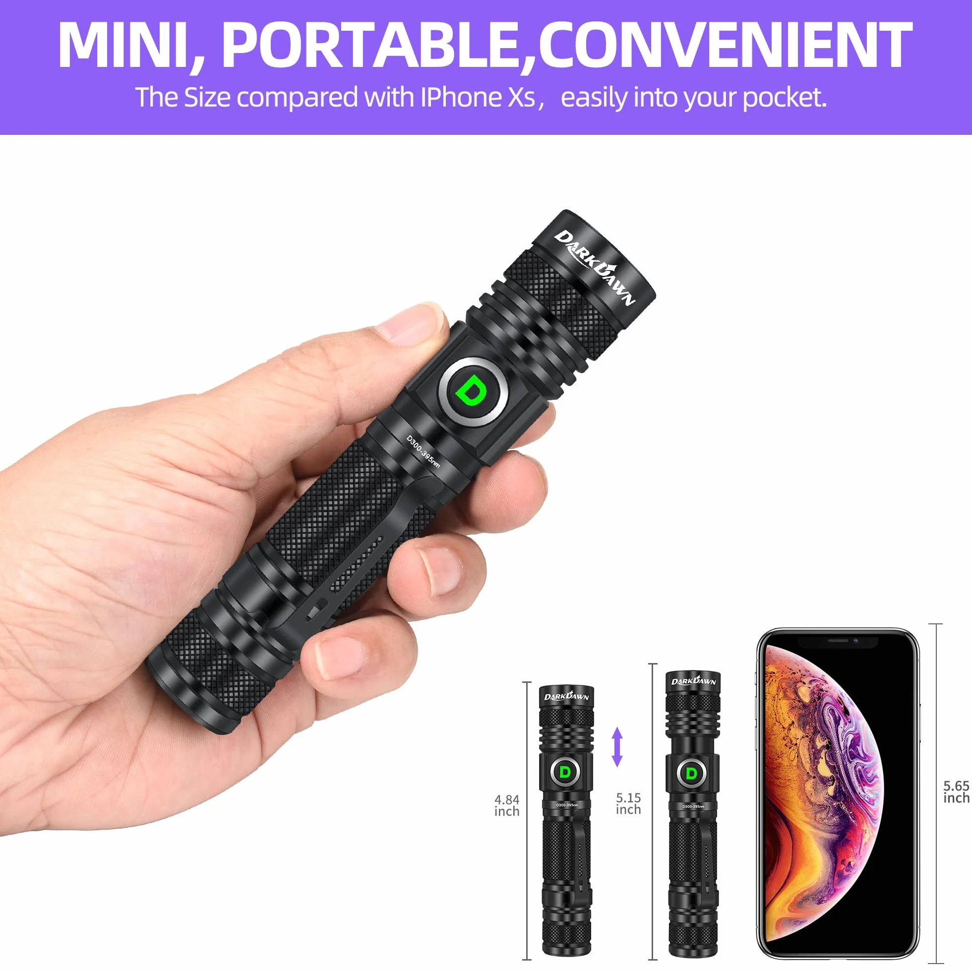DARKDAWN Torcia UV 395nm Ricaricabile USB, Lampada di Wood Ultravioletti Luce Nera per Polimerizzare Resina