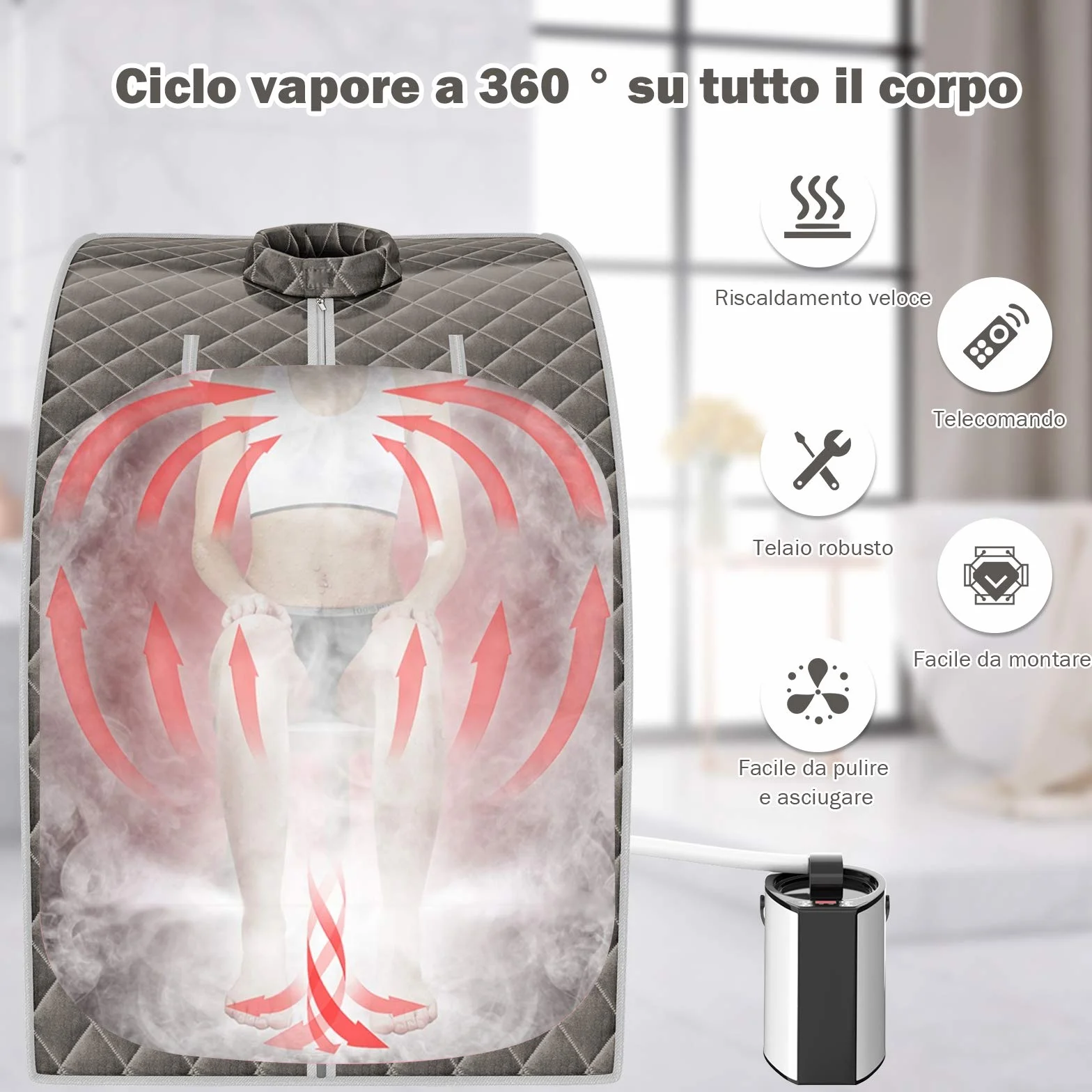 RELAX4LIFE Sauna a Vapore Portatile 3L, Cabina Domestica SPA, 9 Temperature, 15-90 Min, Telecomando, 1000W Grigio