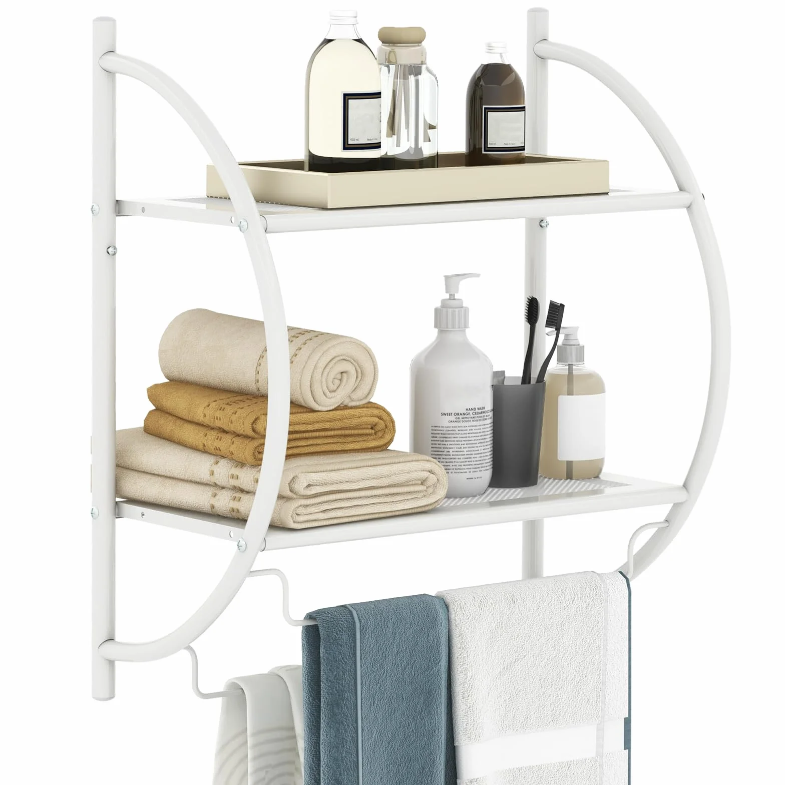 GIANTEX Porta Asciugamani Bagno da Parete, Mensola Doccia con 2 Ripiani e 2 Portasciugamani, Antiruggine, 45x25,5x55 cm Bianco